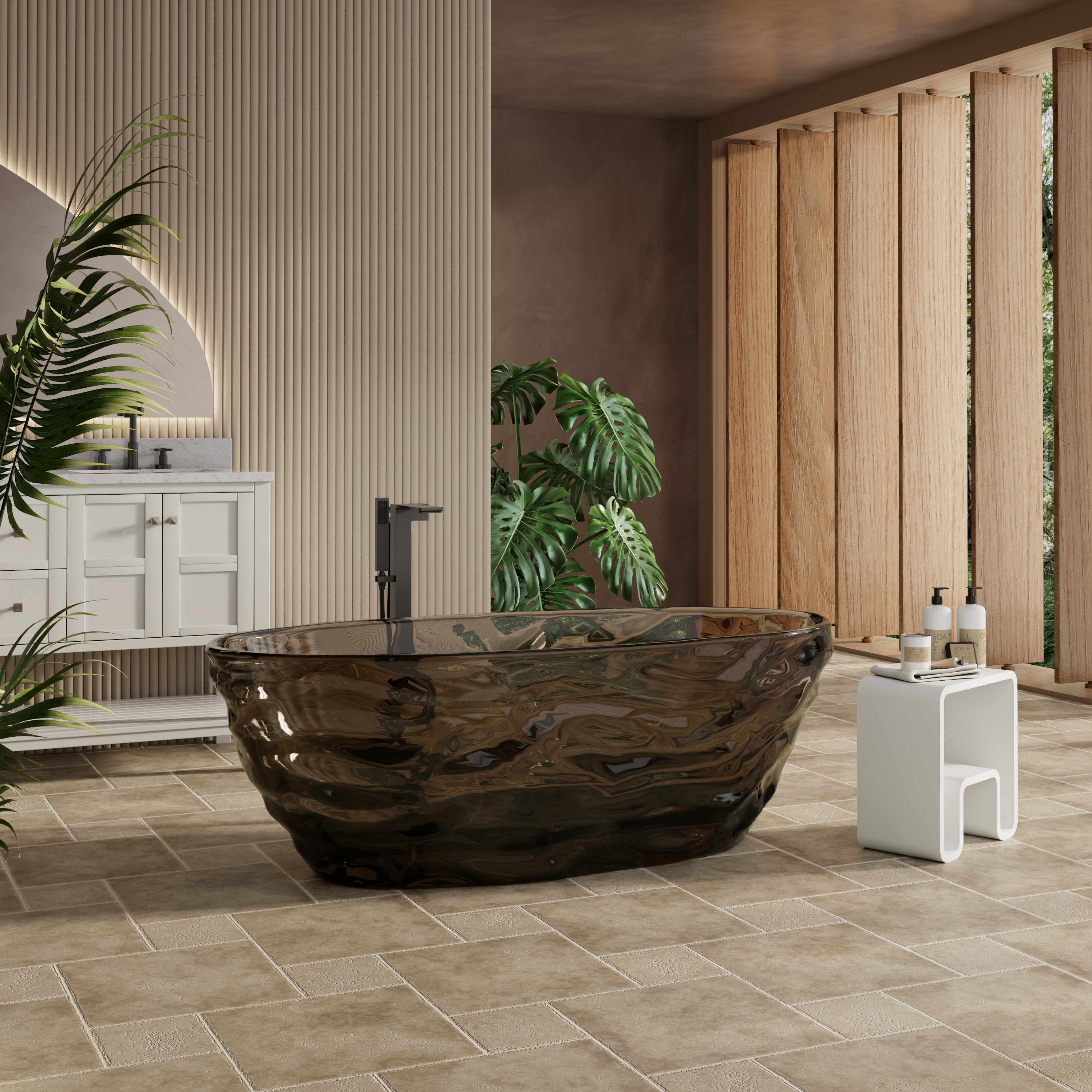 67" Contemporary Pure Resin Freestanding Soaking Bathtub with Wave Texture