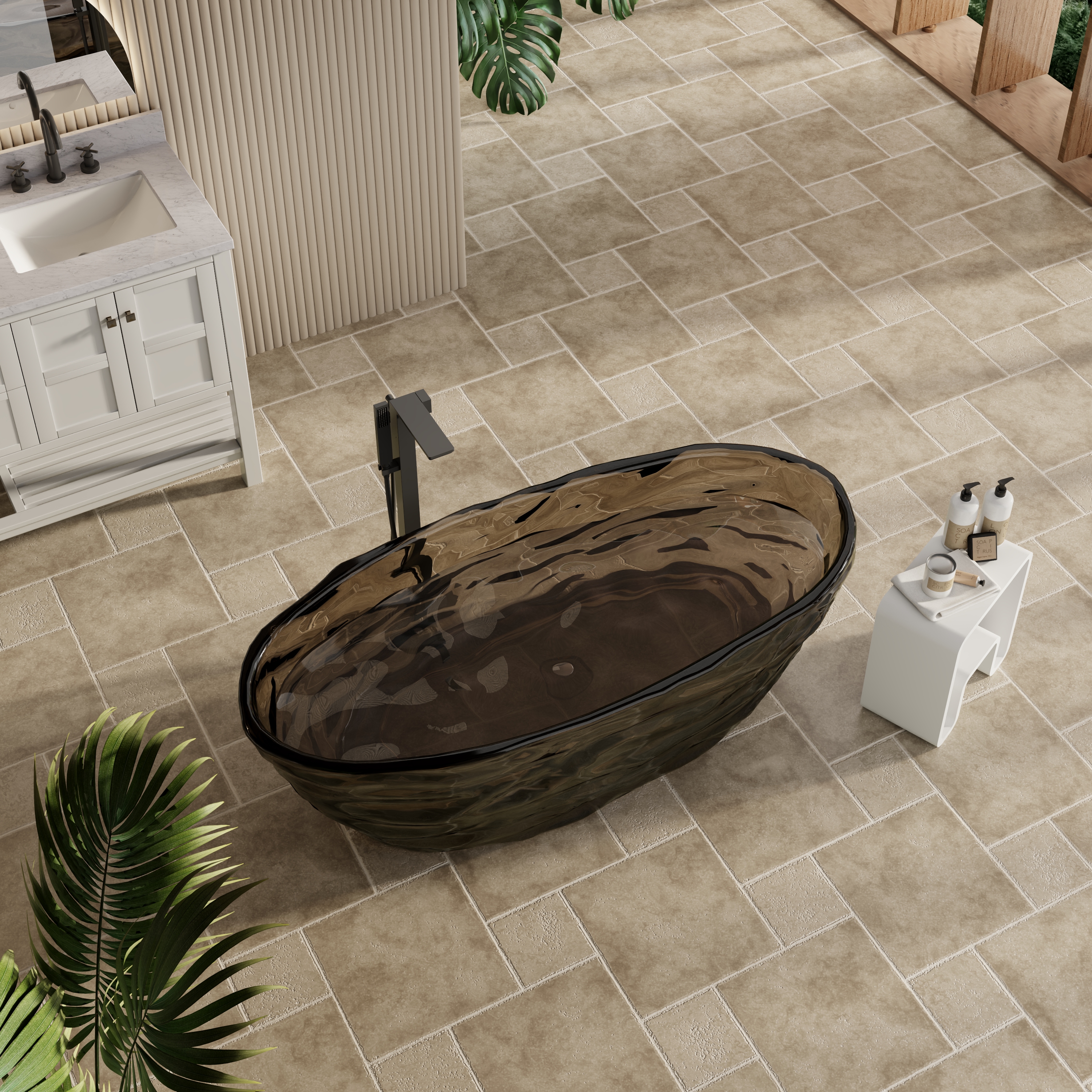 67" Contemporary Pure Resin Freestanding Soaking Bathtub with Wave Texture