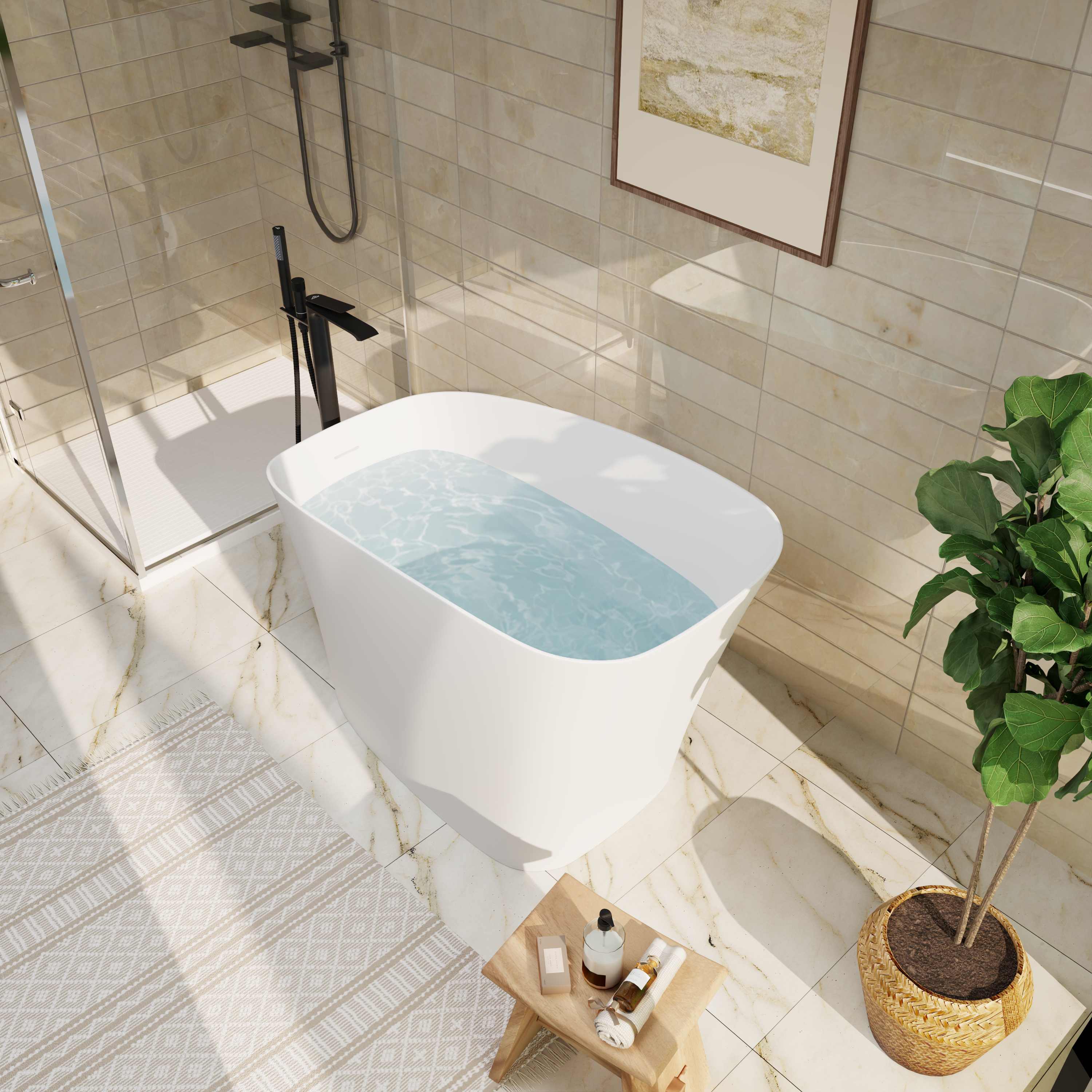 51" Matte White Solid Surface Freestanding Bathtub with Integrated Seat