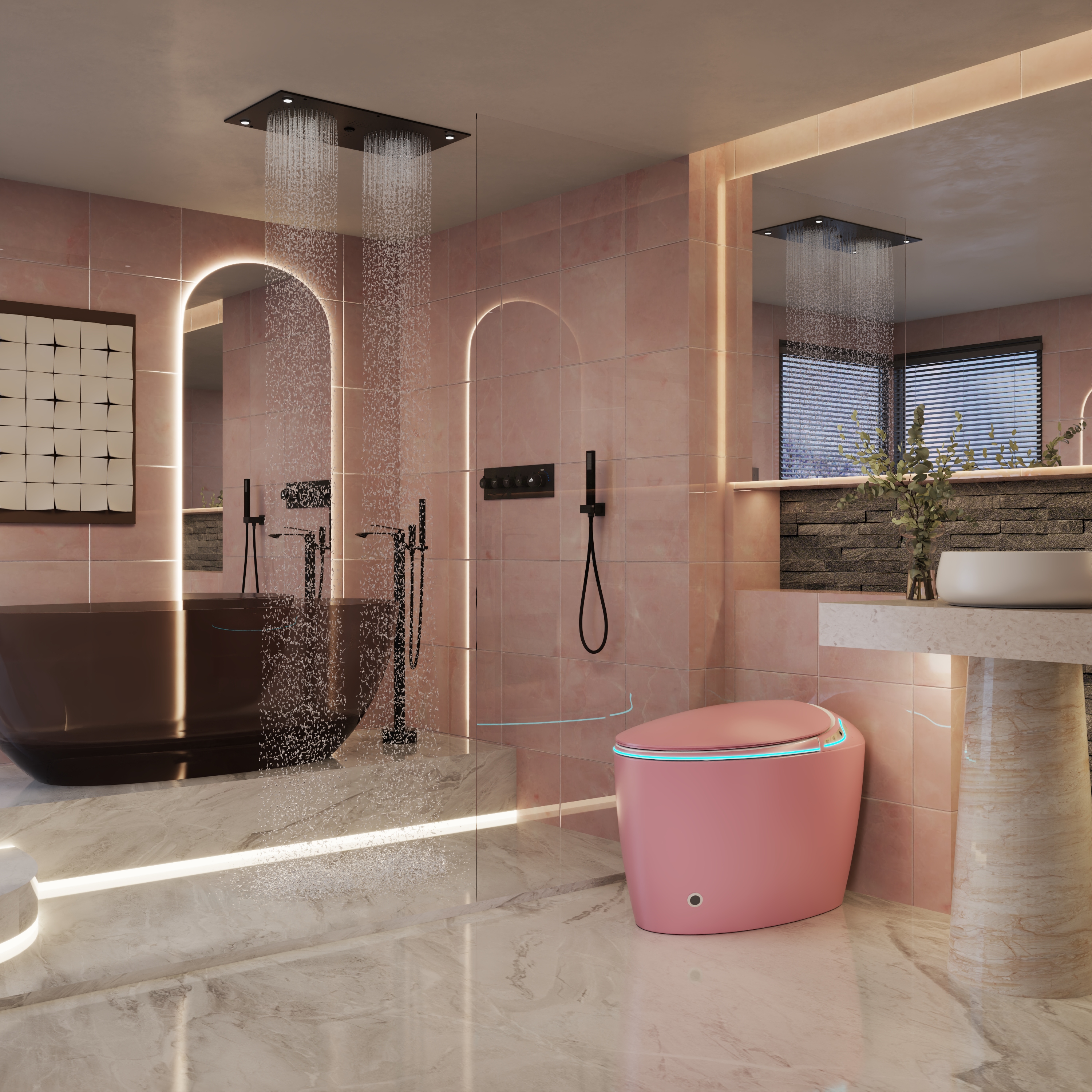 Egg-Shaped Smart Toilet with Automatic Lid, Heated Seat & Bidet Wash, Black & Pink