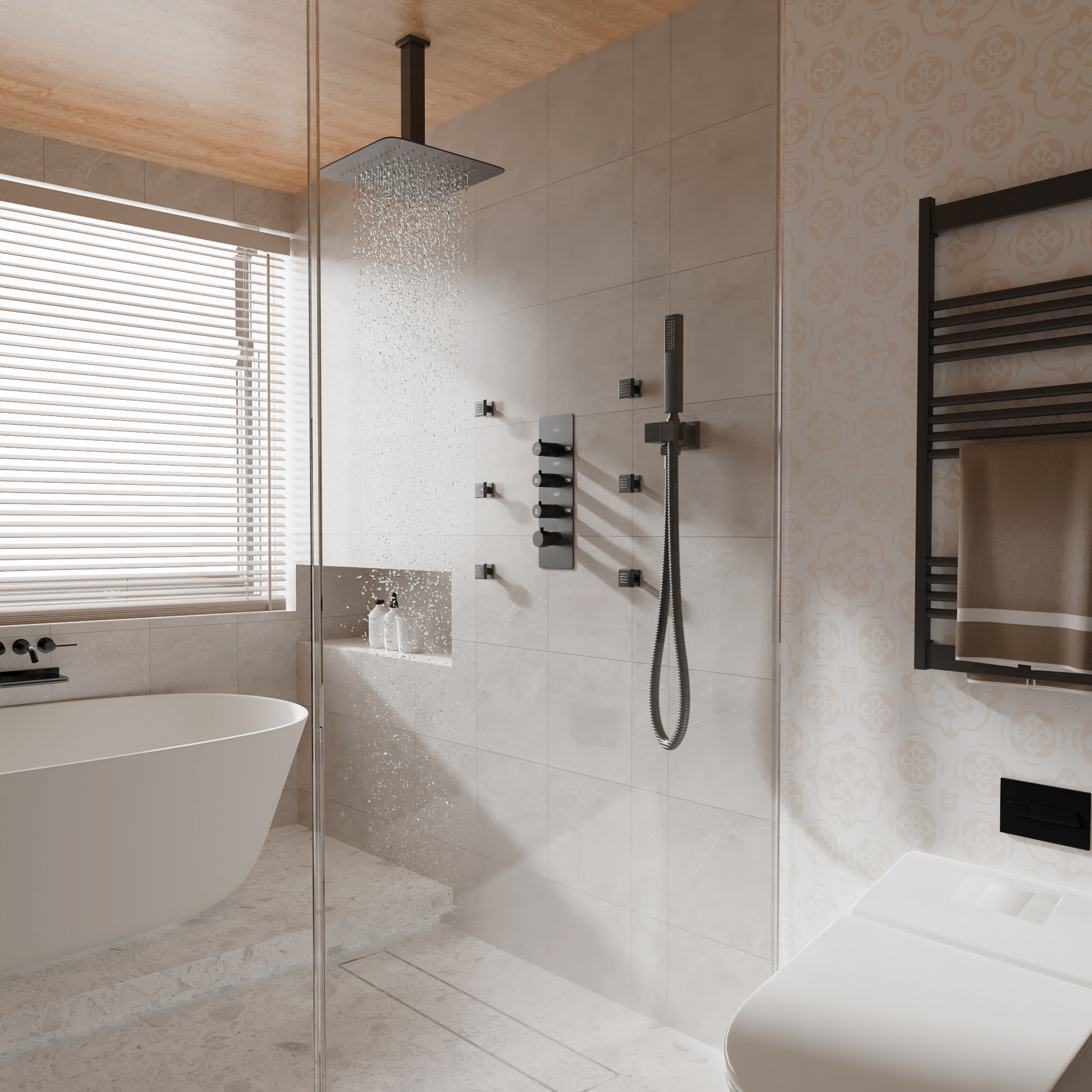 12" Ceiling Mount Rain Shower System with Handheld and Body Jets