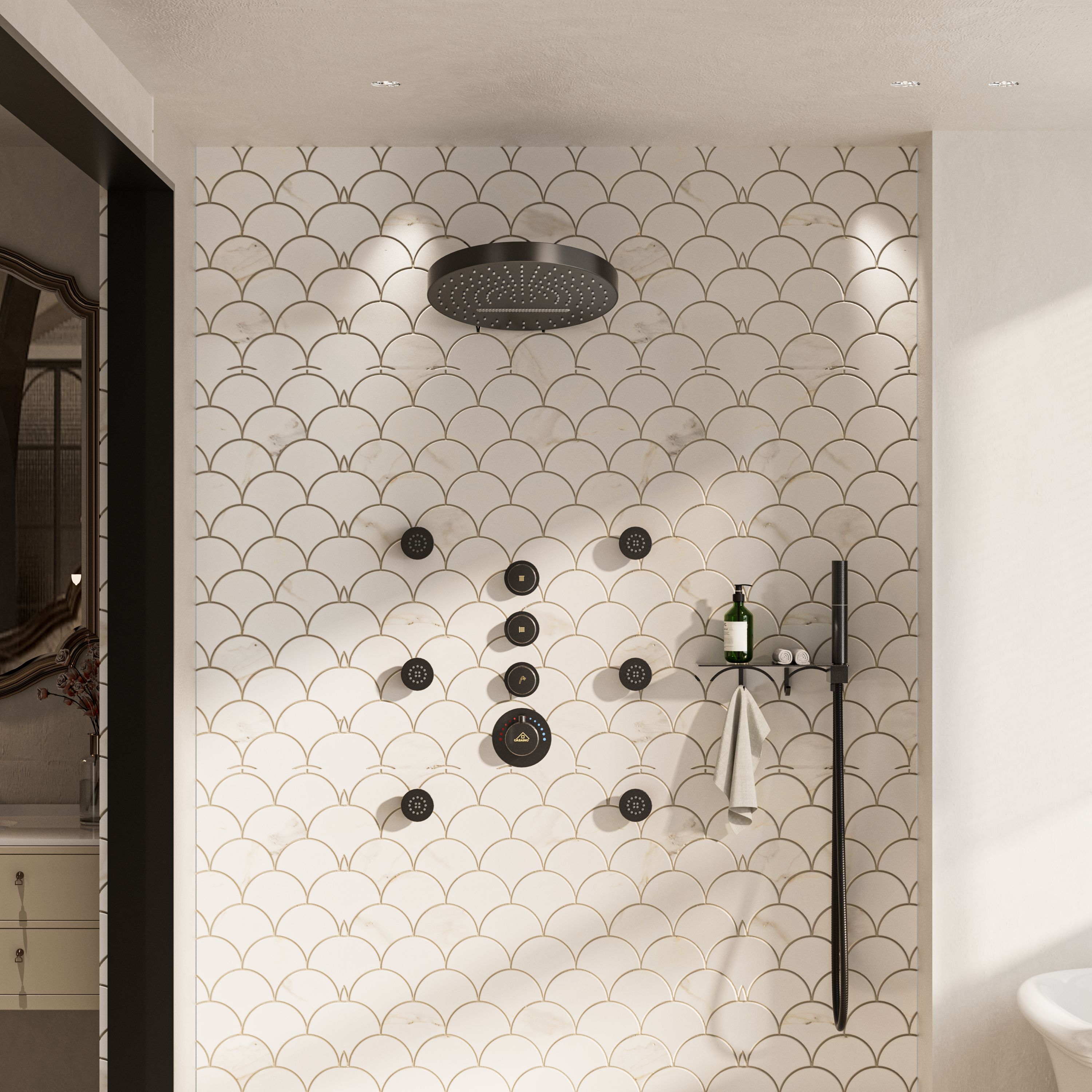 12" Adjustable Shower Head With Shelf Shower System, Hand Shower With Spray Gun Function