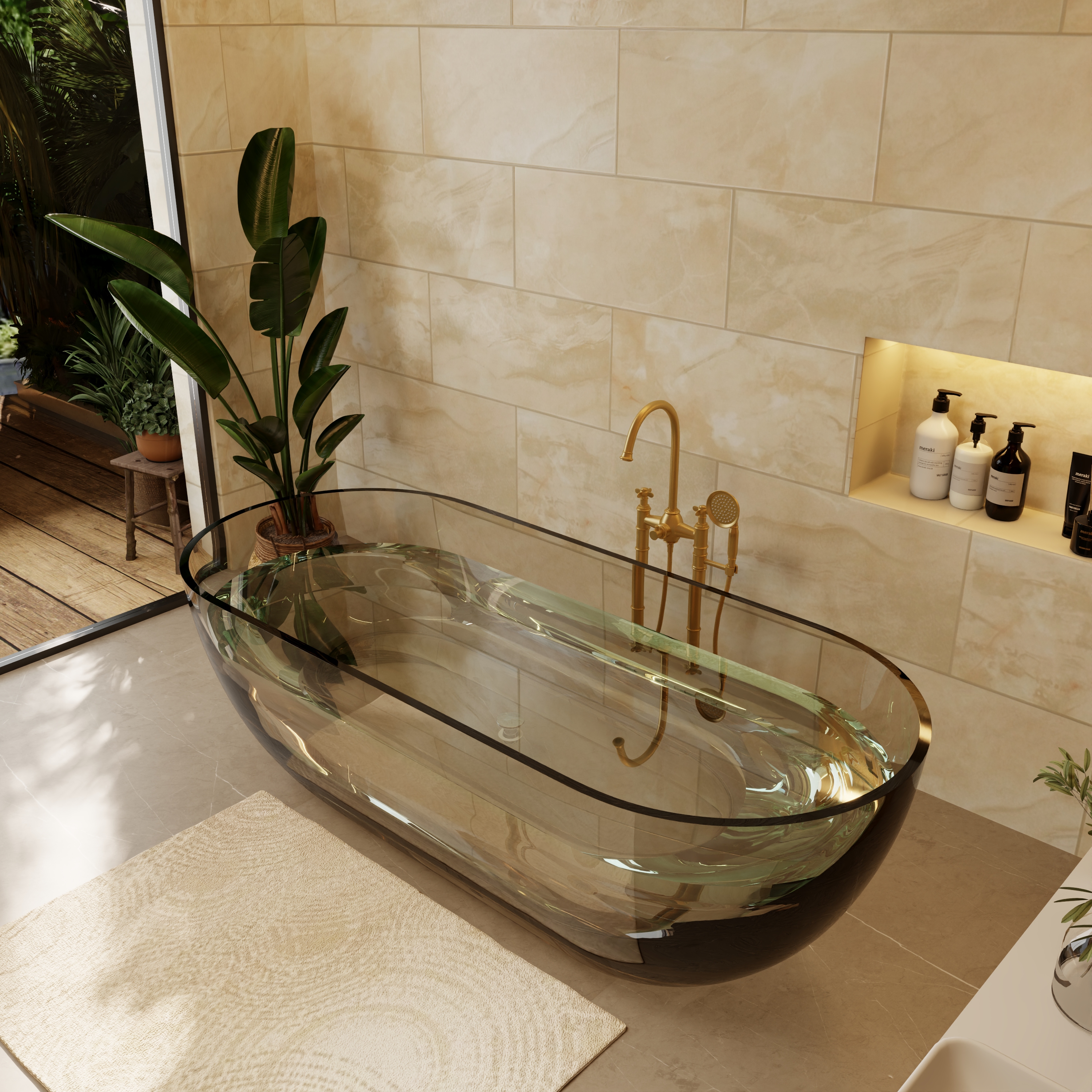 69" Coffee Pure Resin Freestanding Bathtub with Ergonomic Soaking Comfort