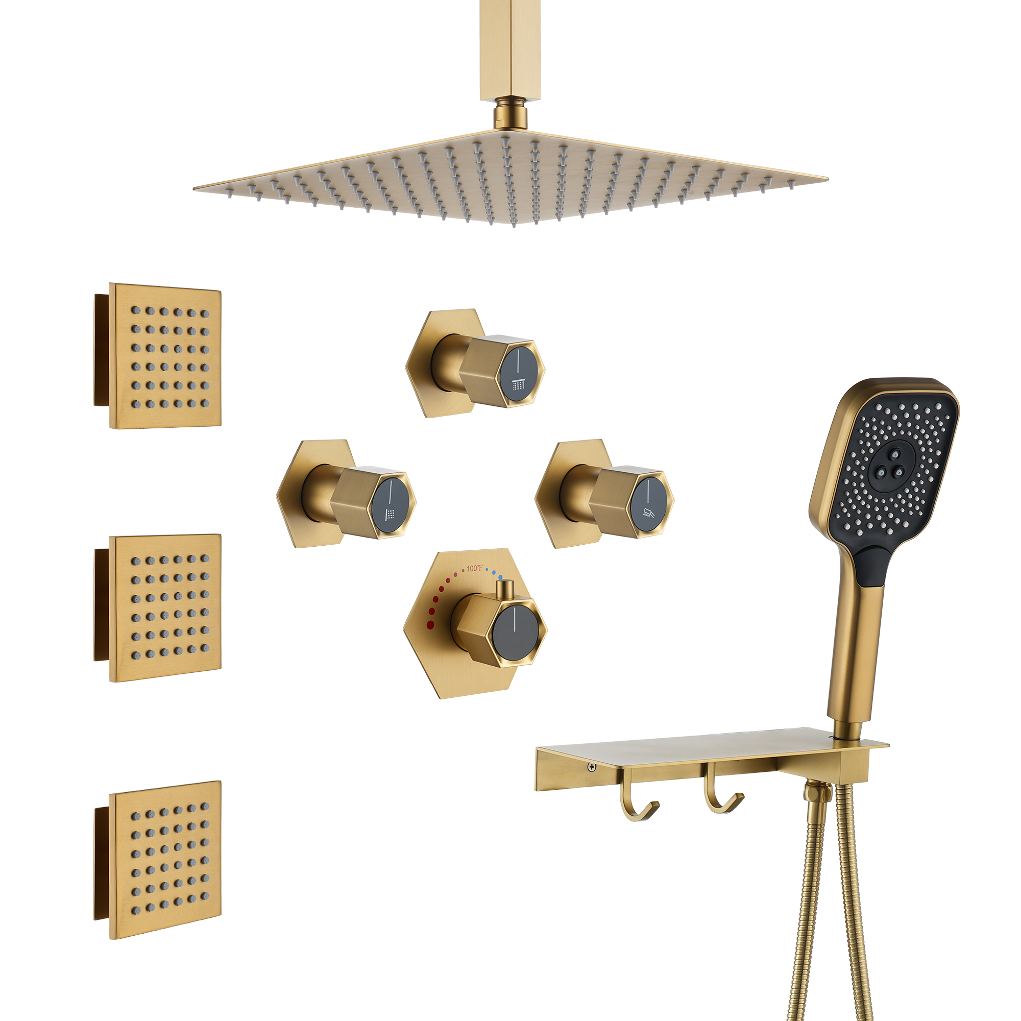 Ceiling Mount 3 Function Thermostatic Shower System with Rainfall Massage Jets