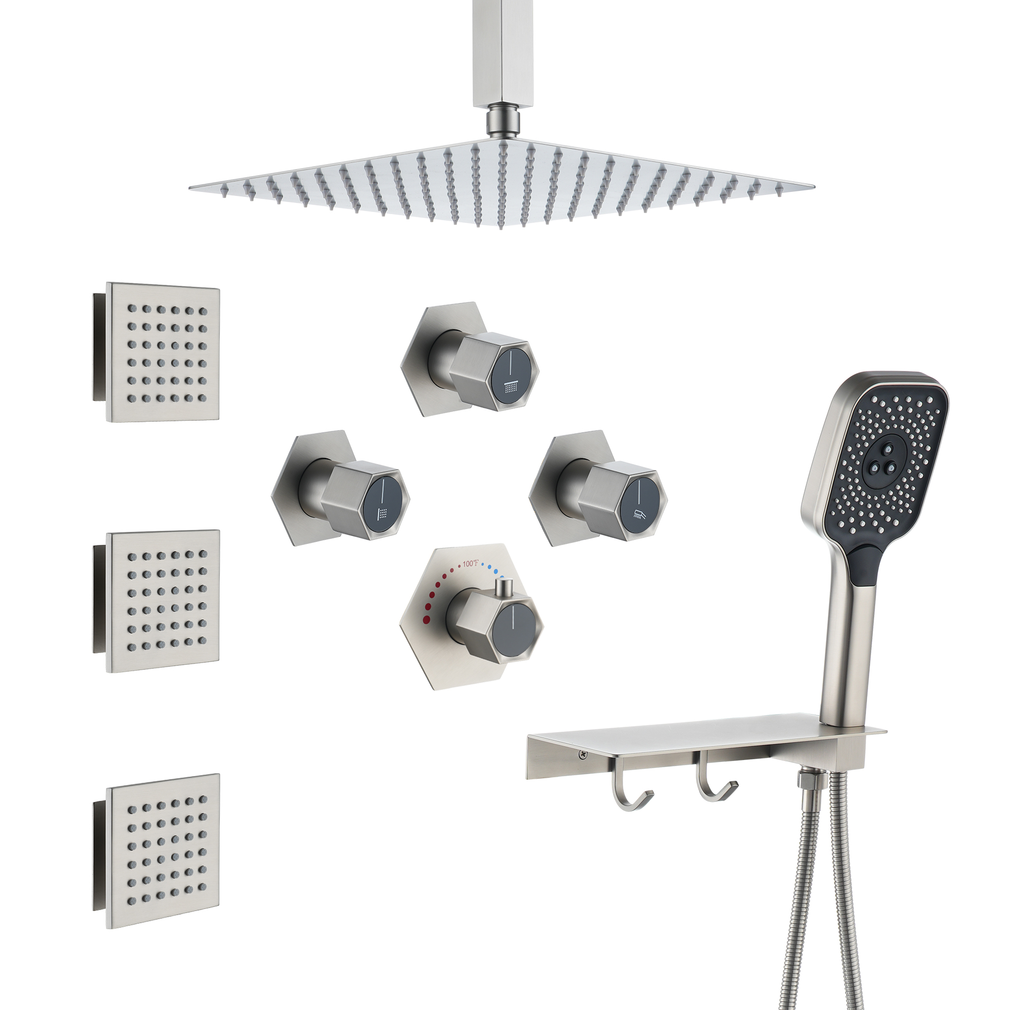 Ceiling Mount 3 Function Thermostatic Shower System with Rainfall Massage Jets