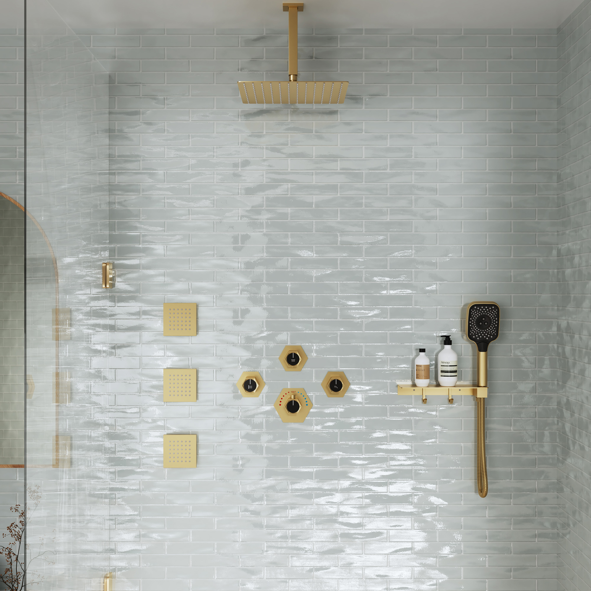 Ceiling Mount 3 Function Thermostatic Shower System with Rainfall Massage Jets