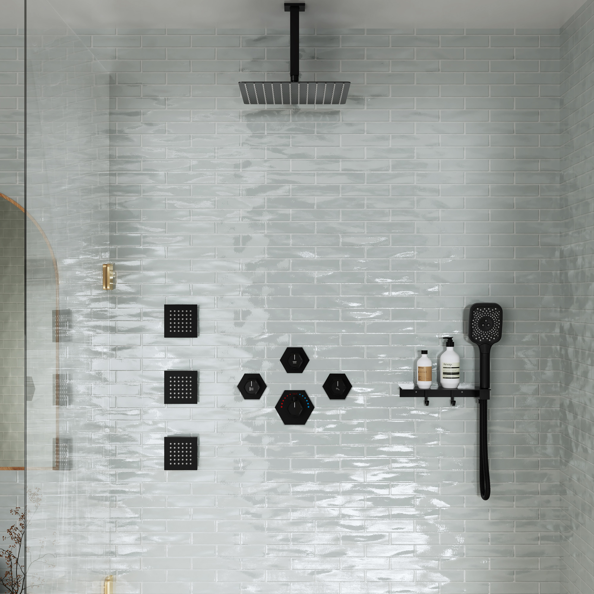 Ceiling Mount 3 Function Thermostatic Shower System with Rainfall Massage Jets