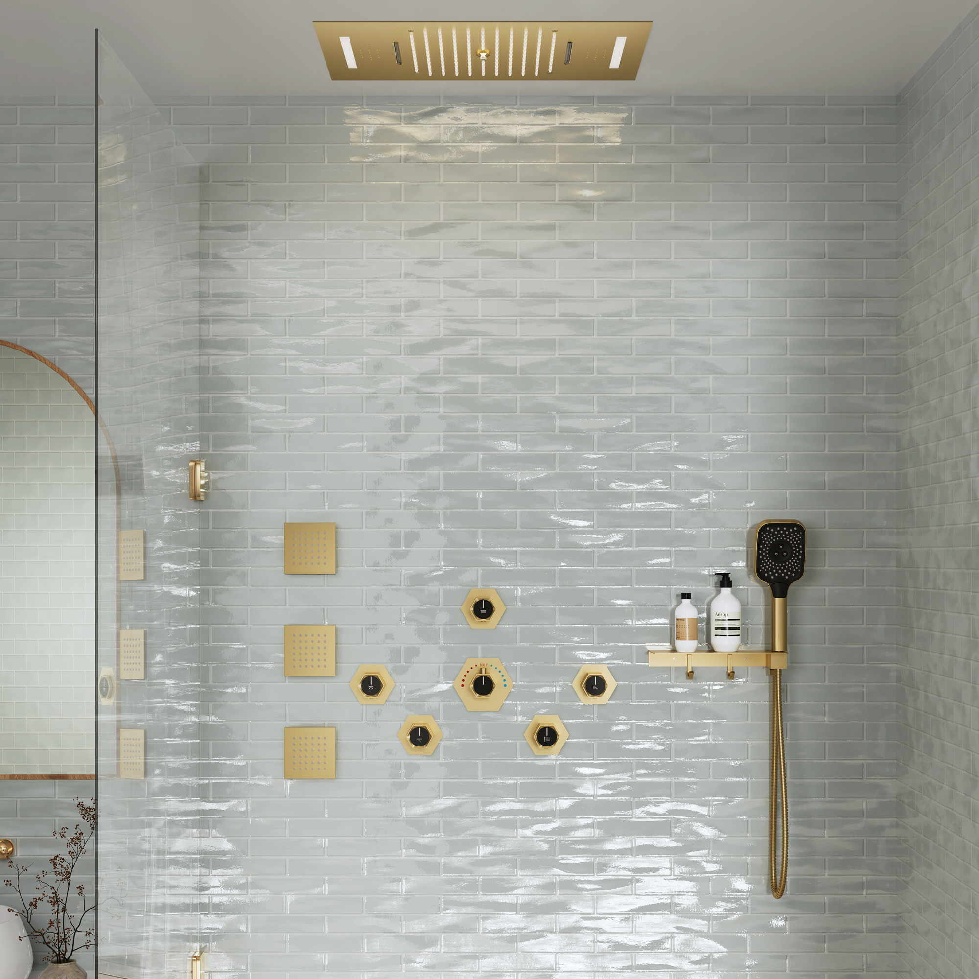 22.8" x 15" Luxury Thermostatic Ceiling-Mount Shower System with 64-Color LED Lights