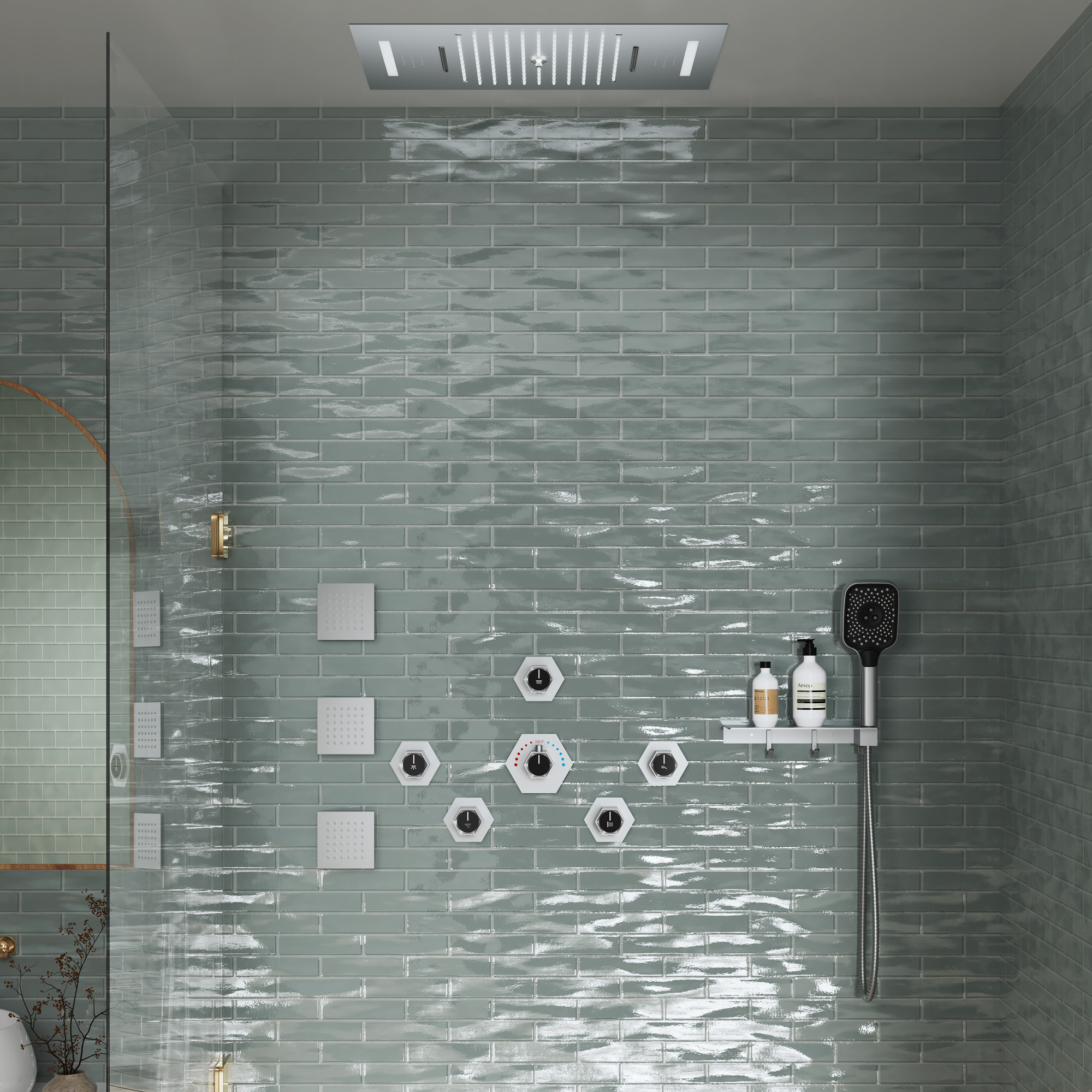 22.8" x 15" Luxury Thermostatic Ceiling-Mount Shower System with 64-Color LED Lights