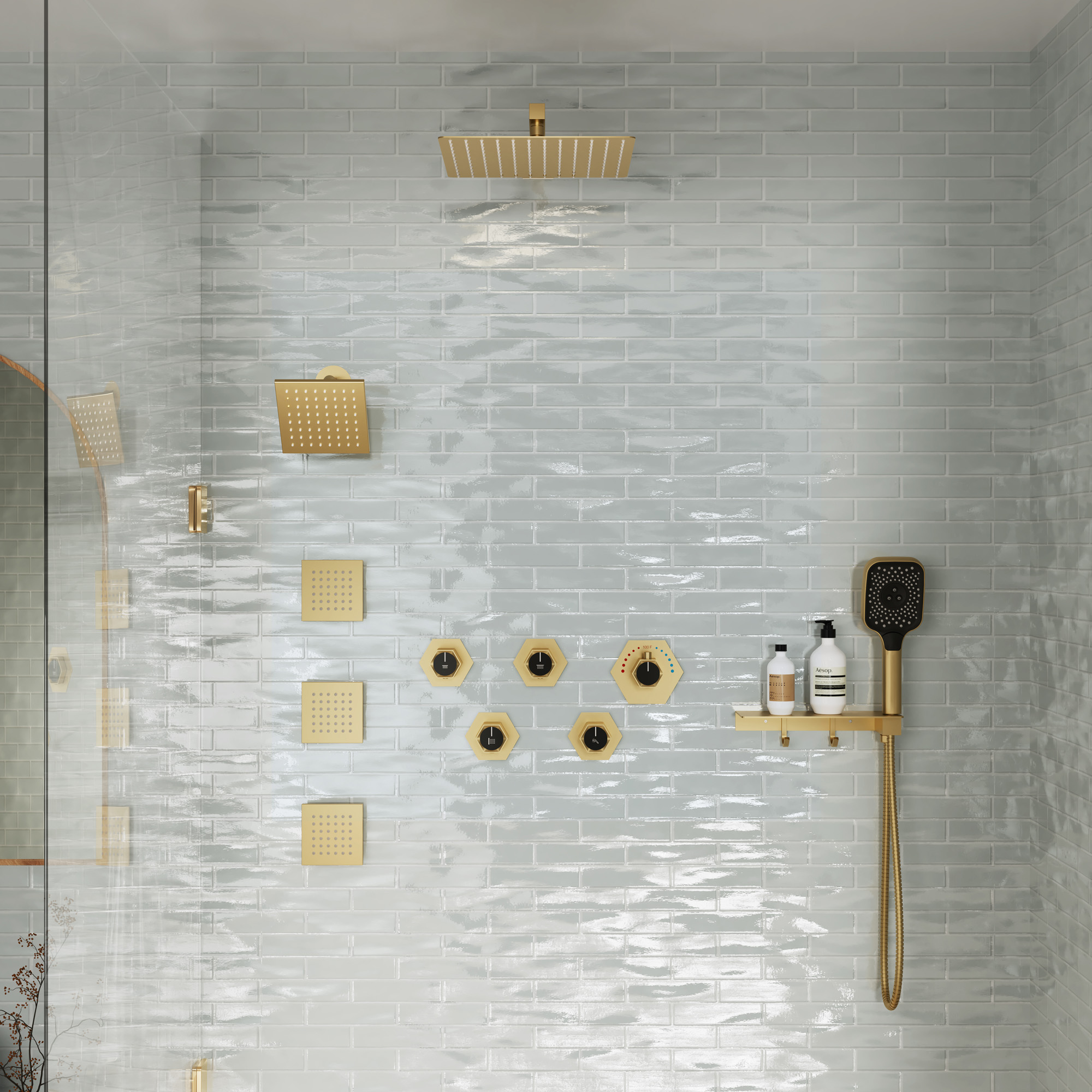 12" Dual Shower Head System with with 360° Side Sprays & Shelving Shower Holder