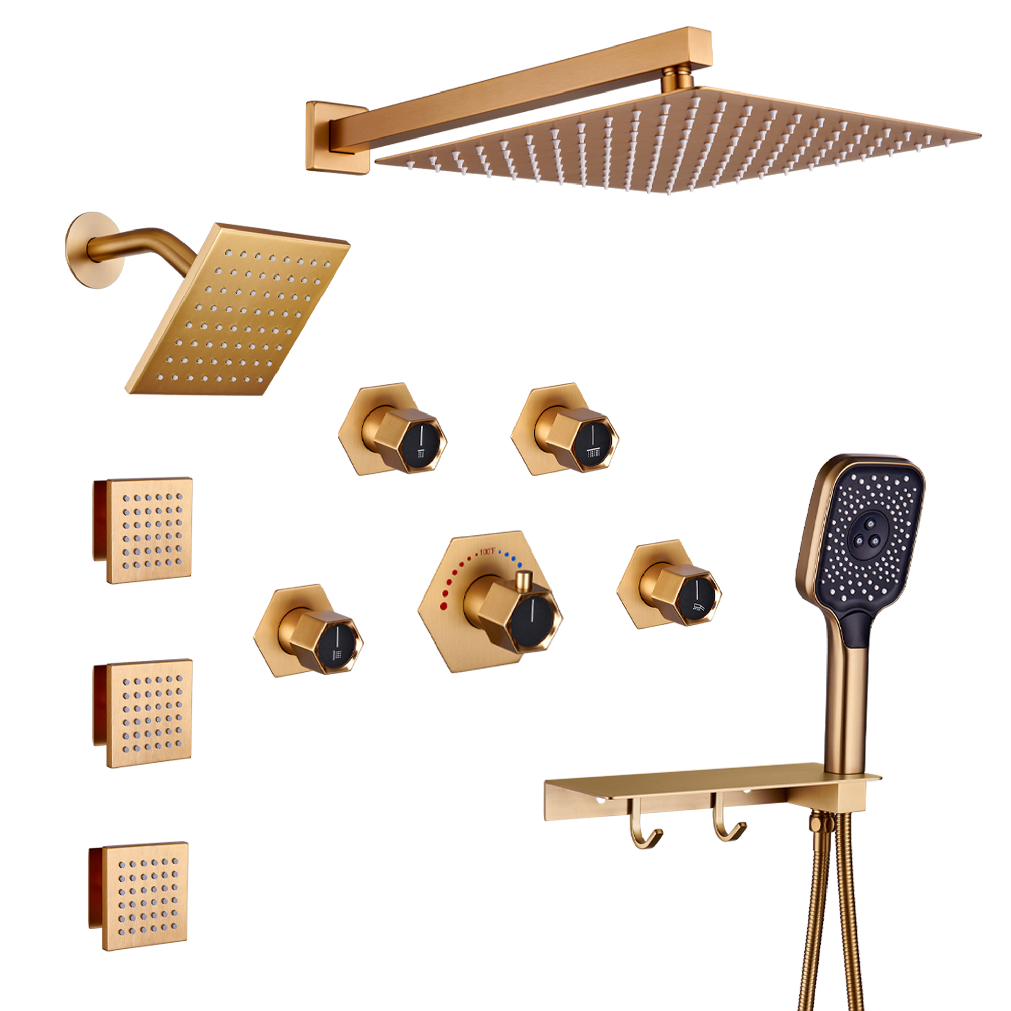 12" Dual Shower Head System with with 360° Side Sprays & Shelving Shower Holder