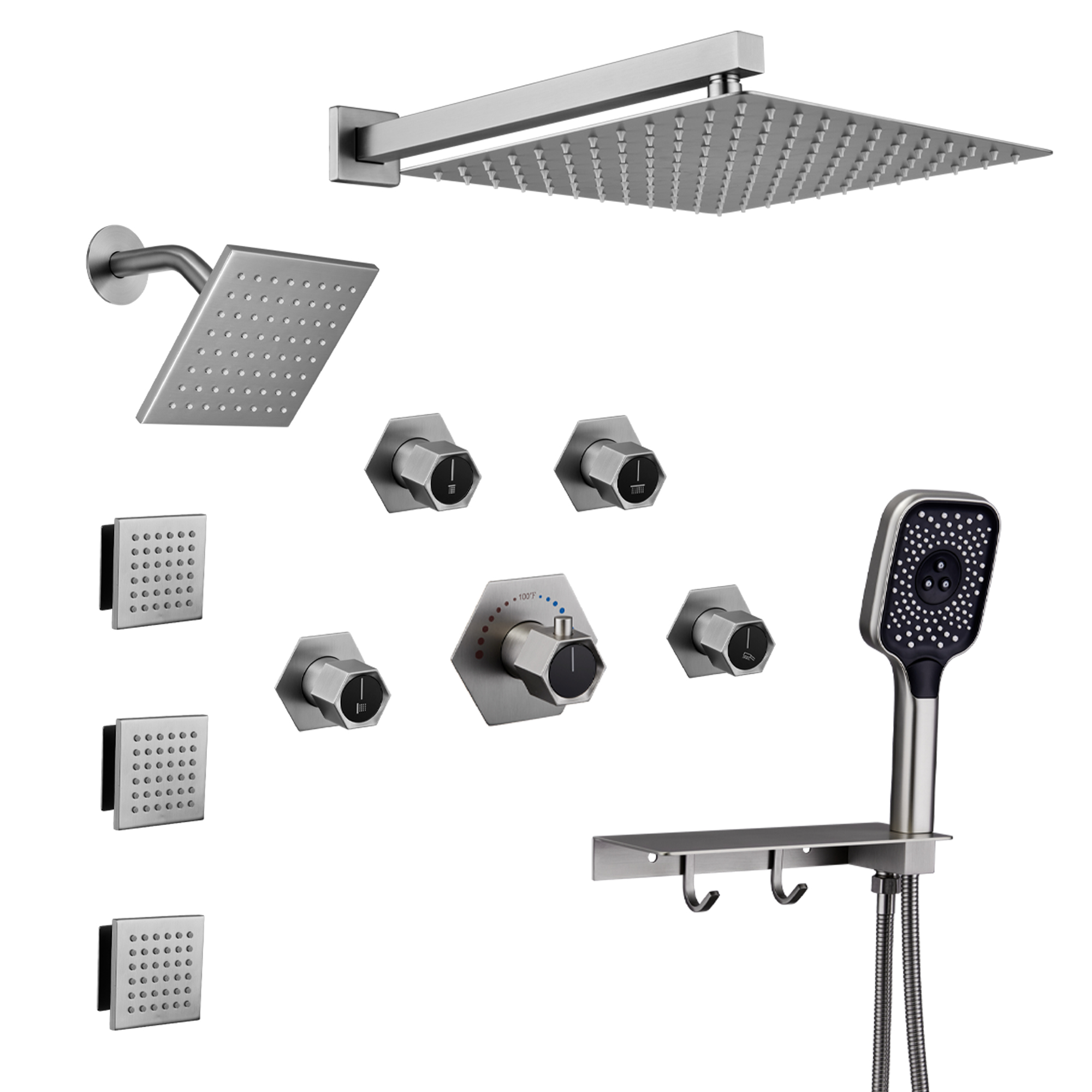12" Dual Shower Head System with with 360° Side Sprays & Shelving Shower Holder