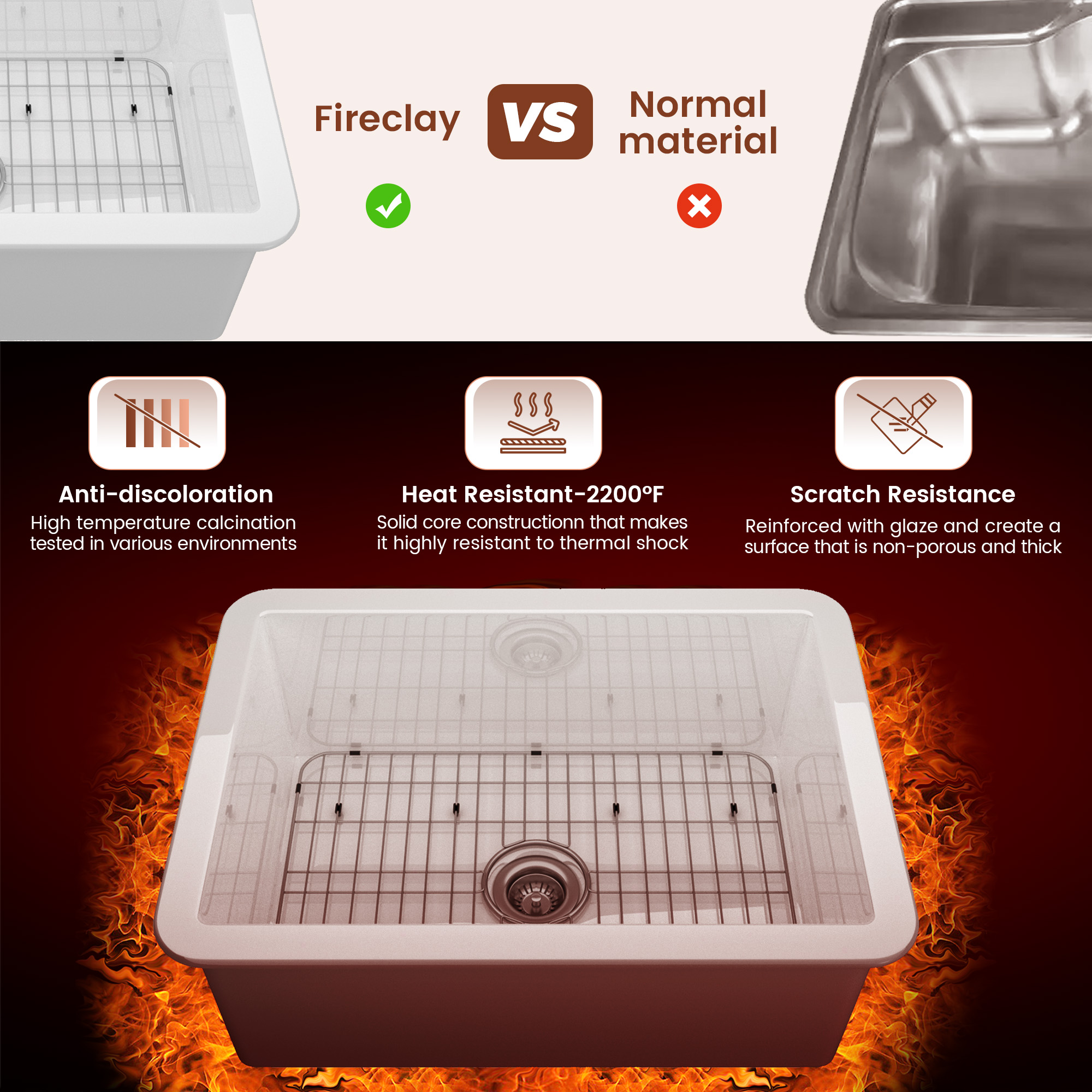 27in Undermount Single Bowl Fireclay Kitchen Sink with Grid & Drainer