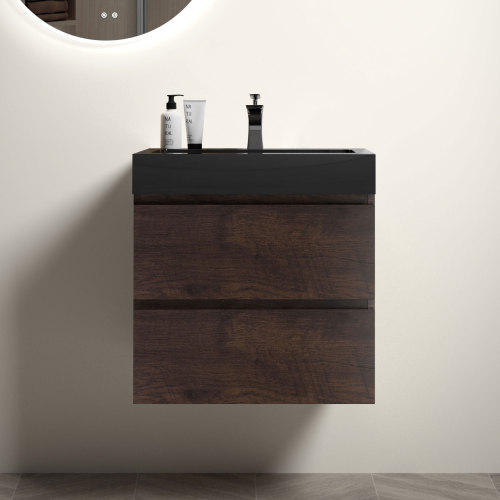 24"/30"/36" Walnut Wall-Mounted Floating Bathroom Vanity with Black Sink Basin