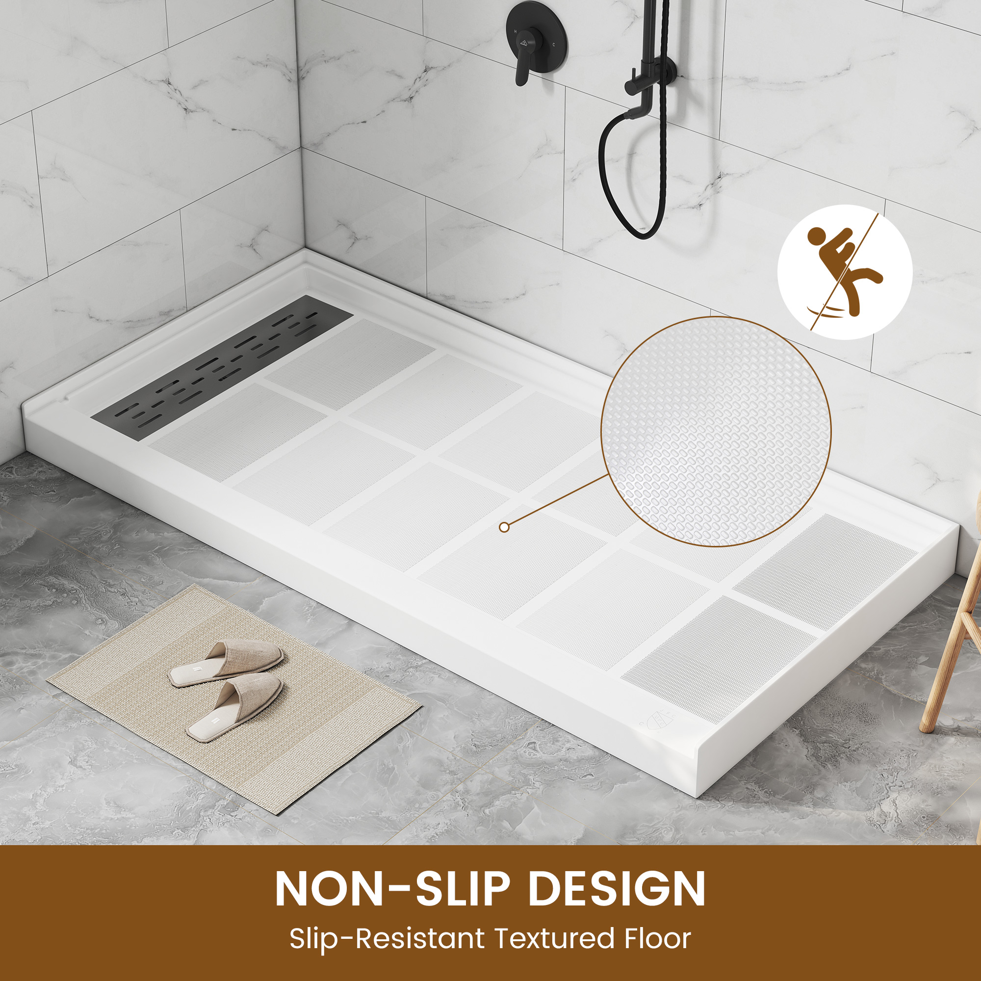 60"x30" Solid Surface Alcove Shower Pan Base in White, Drain Included