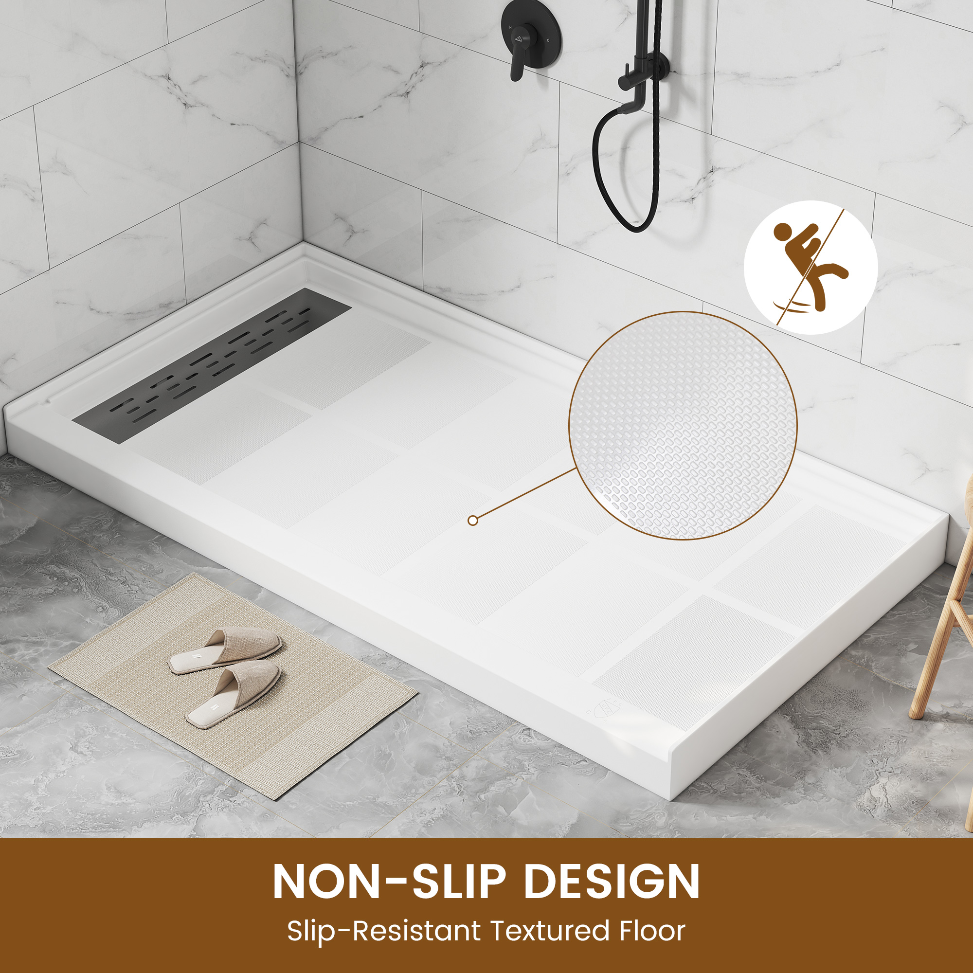 60"x32" White Solid Surface Single Threshold Alcove Shower Pan Base