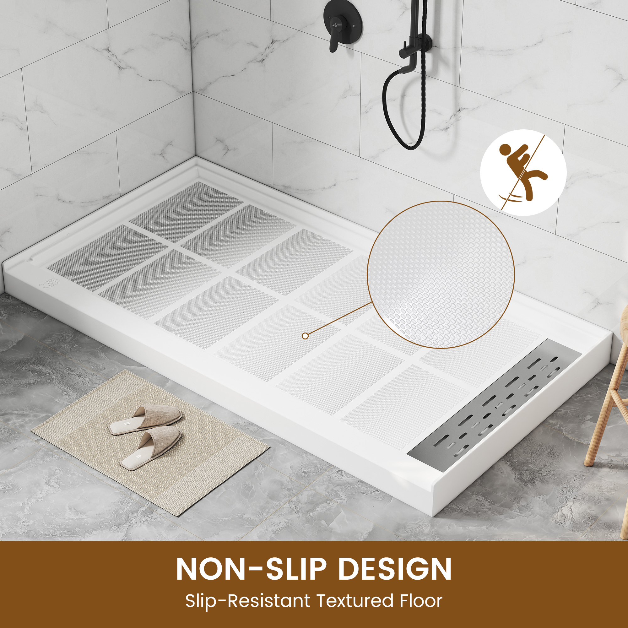 60"x32" White Solid Surface Single Threshold Alcove Shower Pan Base