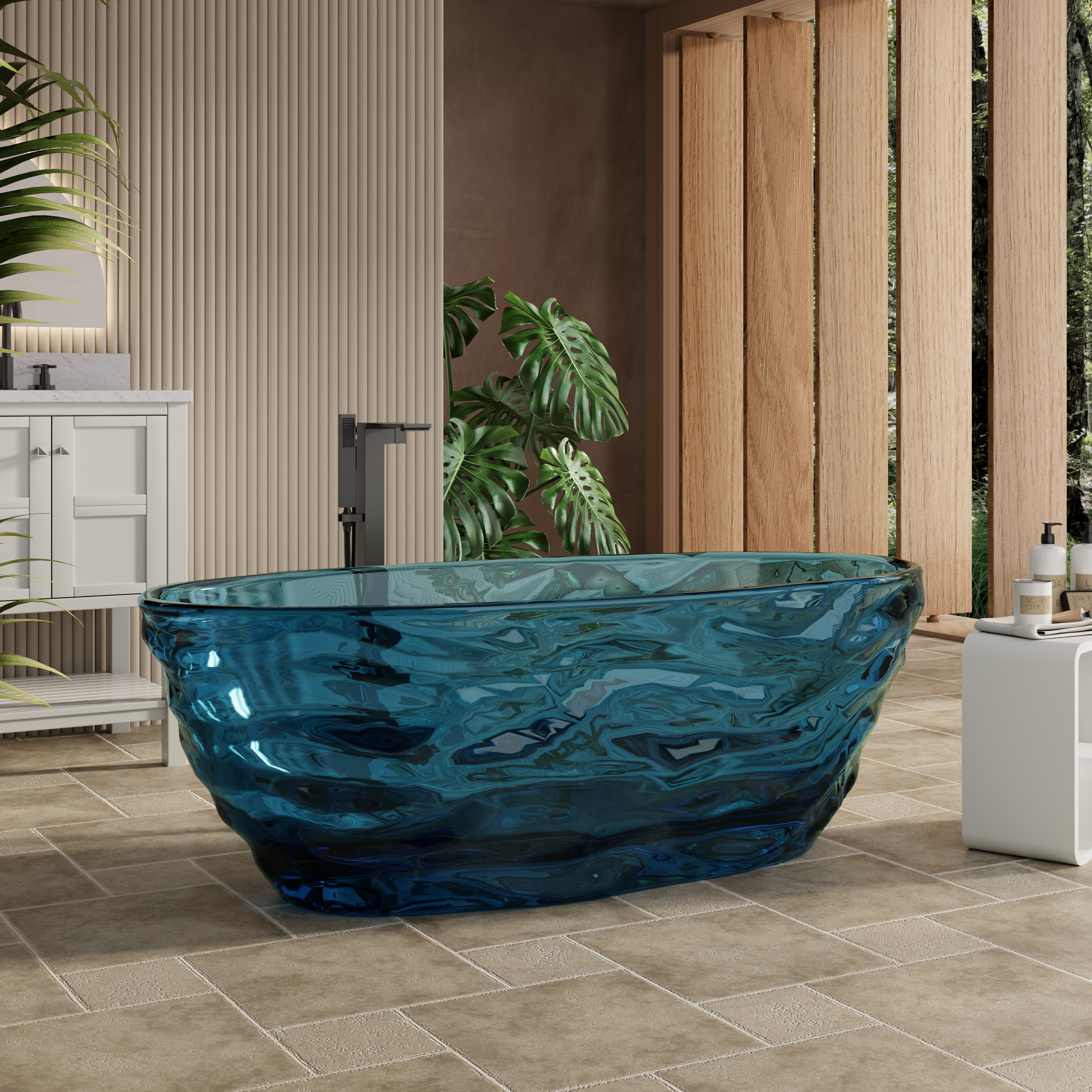 67" Contemporary Pure Resin Freestanding Soaking Bathtub with Wave Texture
