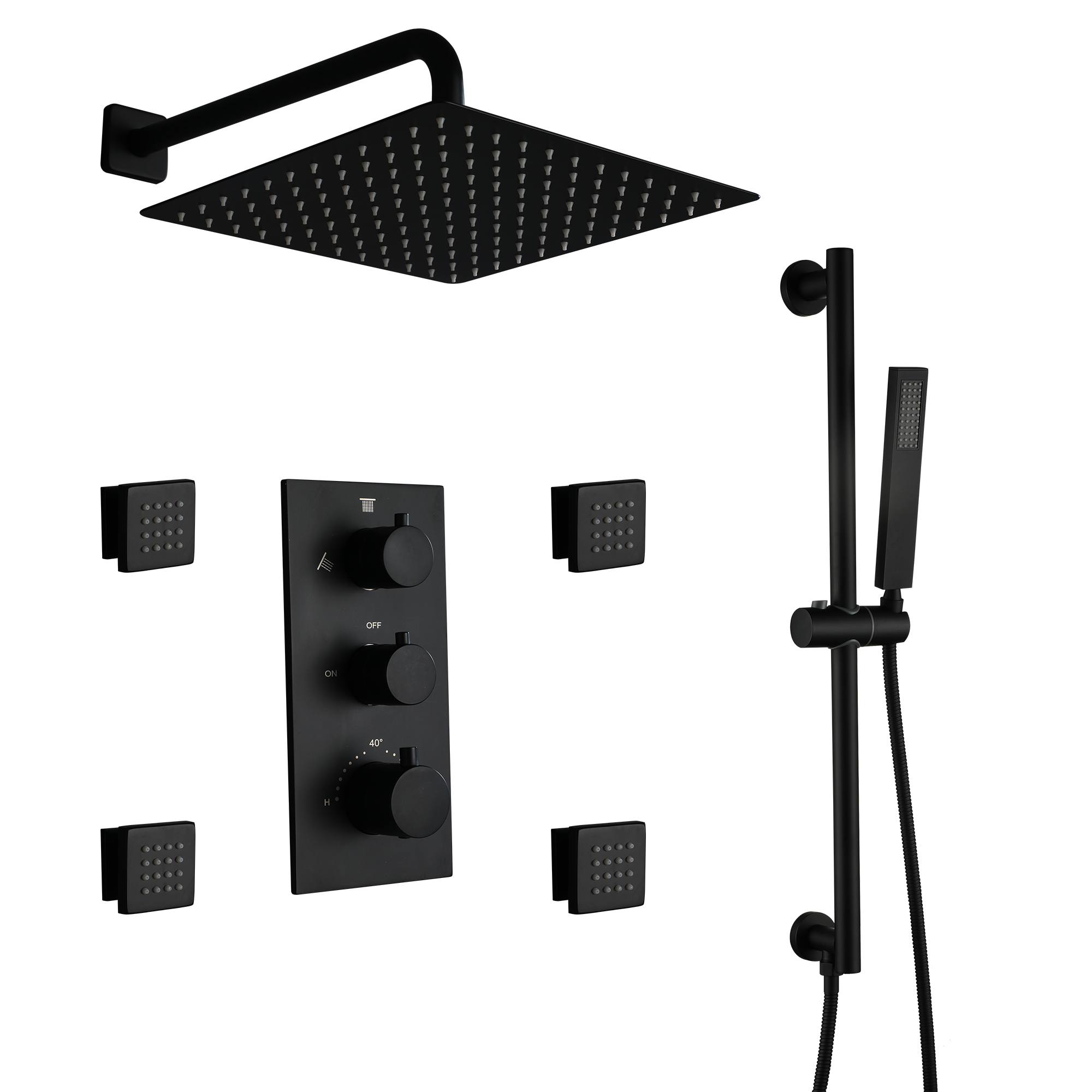 12-inch 3-Function Thermostatic Rain Shower System with Body Jets & Slide Bar