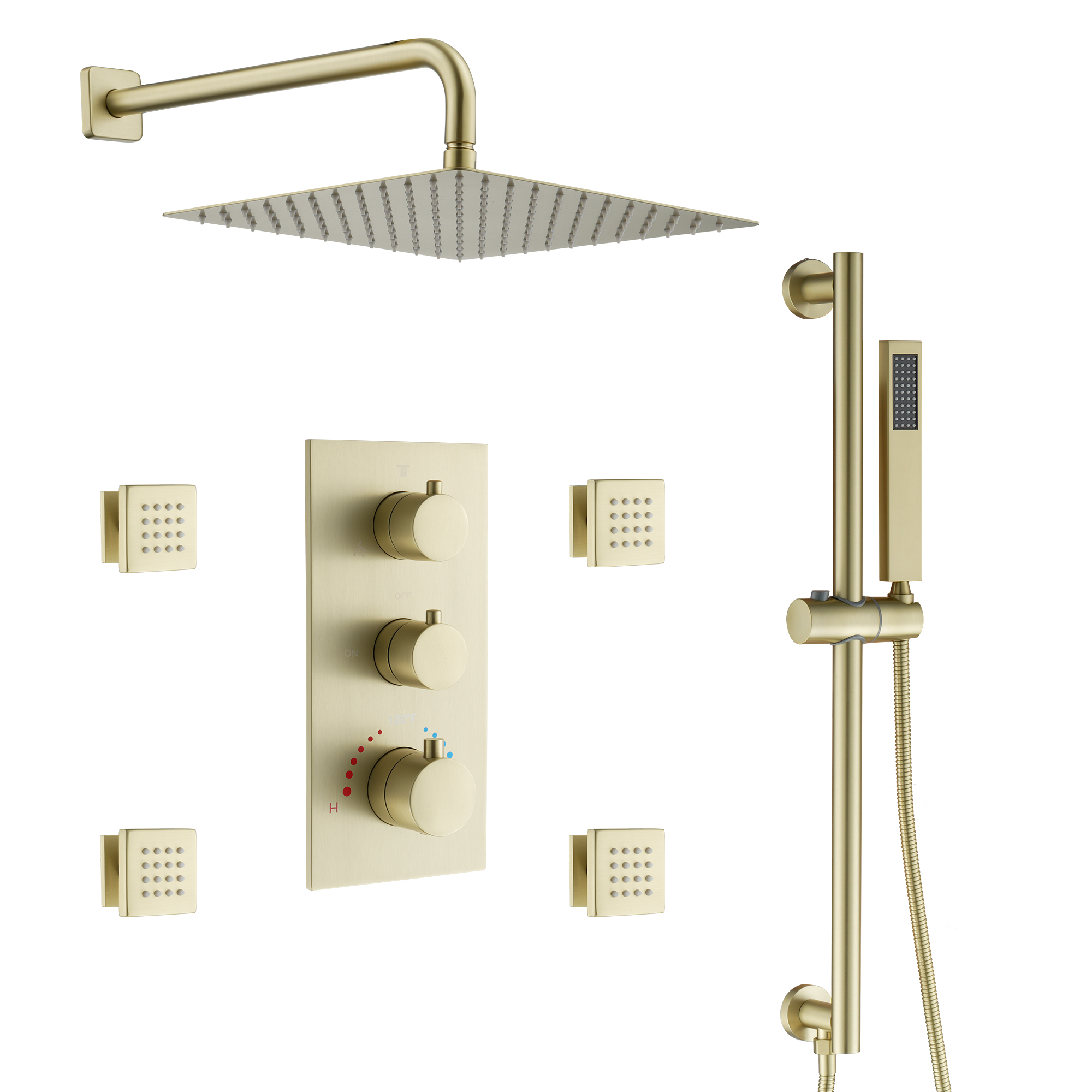 12-inch 3-Function Thermostatic Rain Shower System with Body Jets & Slide Bar