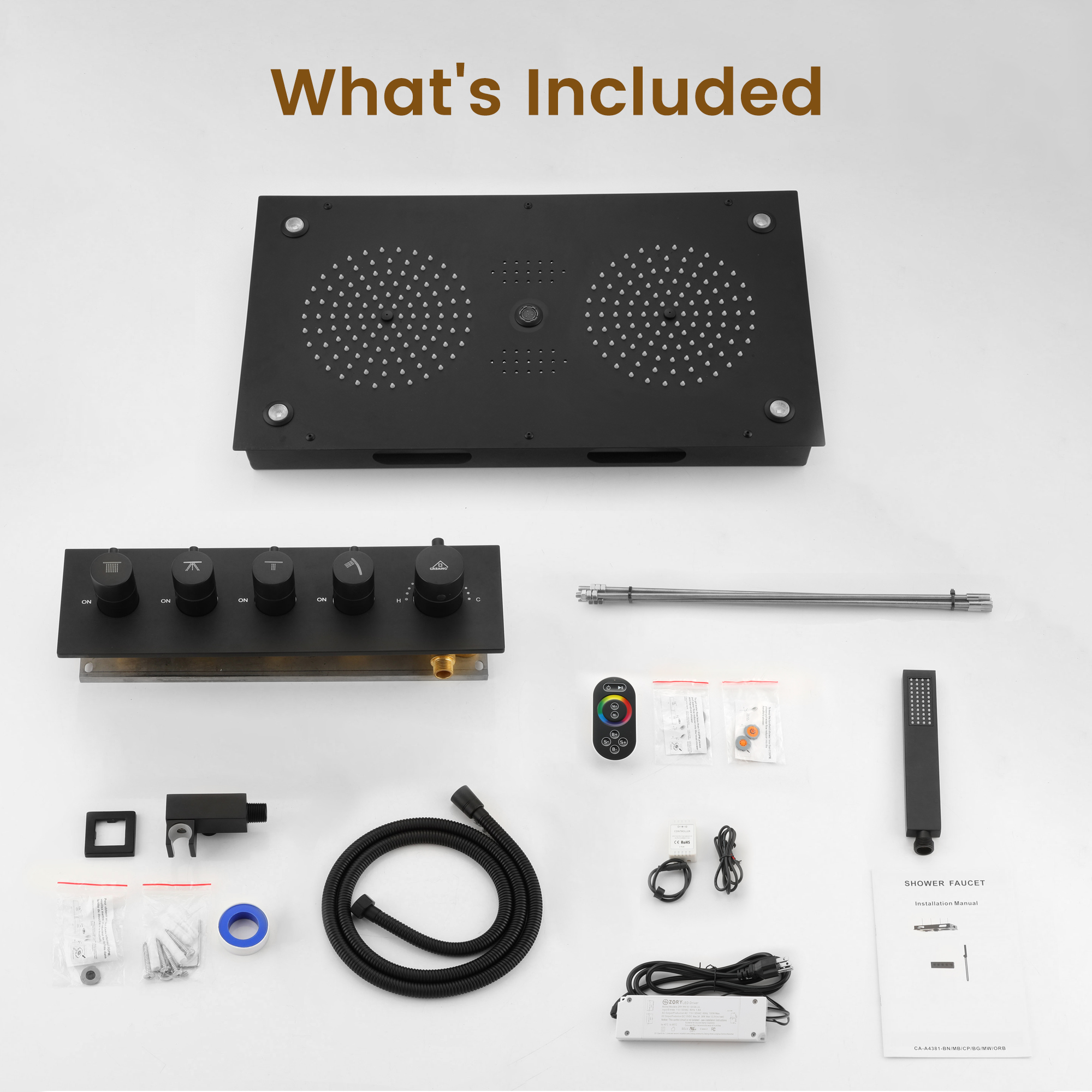 28" x 15" 4-Function Thermostatic Shower System with LED Lights & Bluetooth