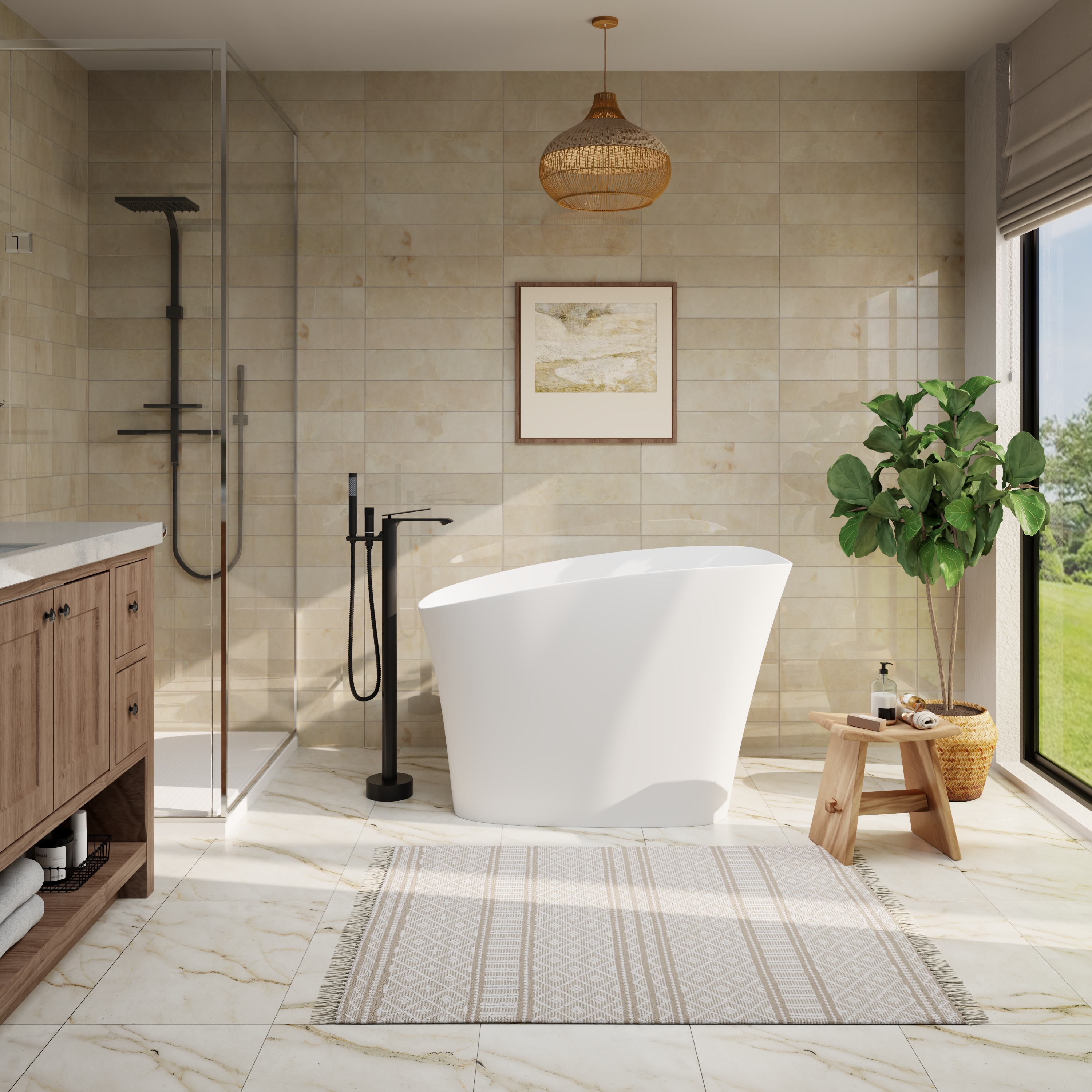 51" Matte White Solid Surface Freestanding Bathtub with Integrated Seat