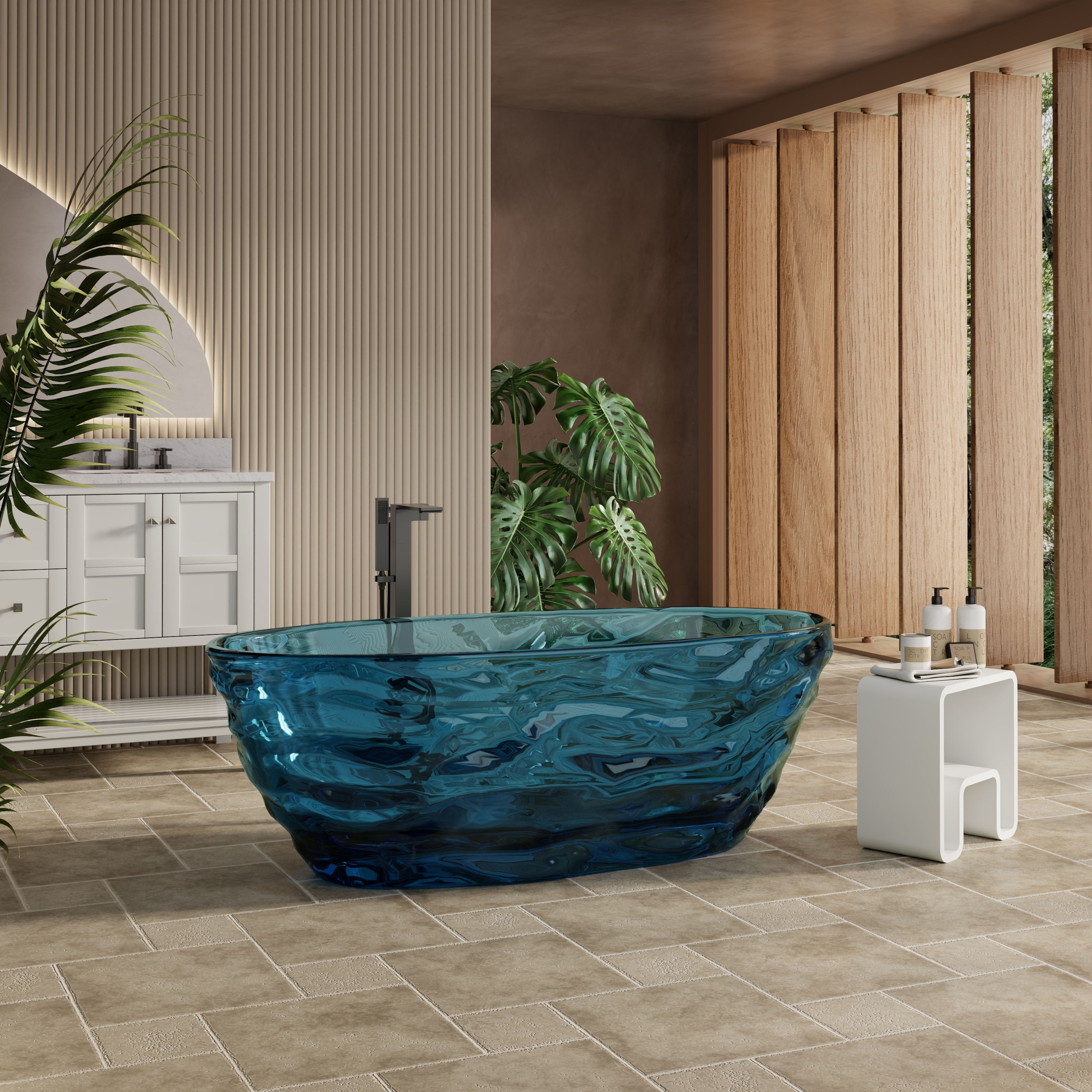 67" Contemporary Pure Resin Freestanding Soaking Bathtub with Wave Texture