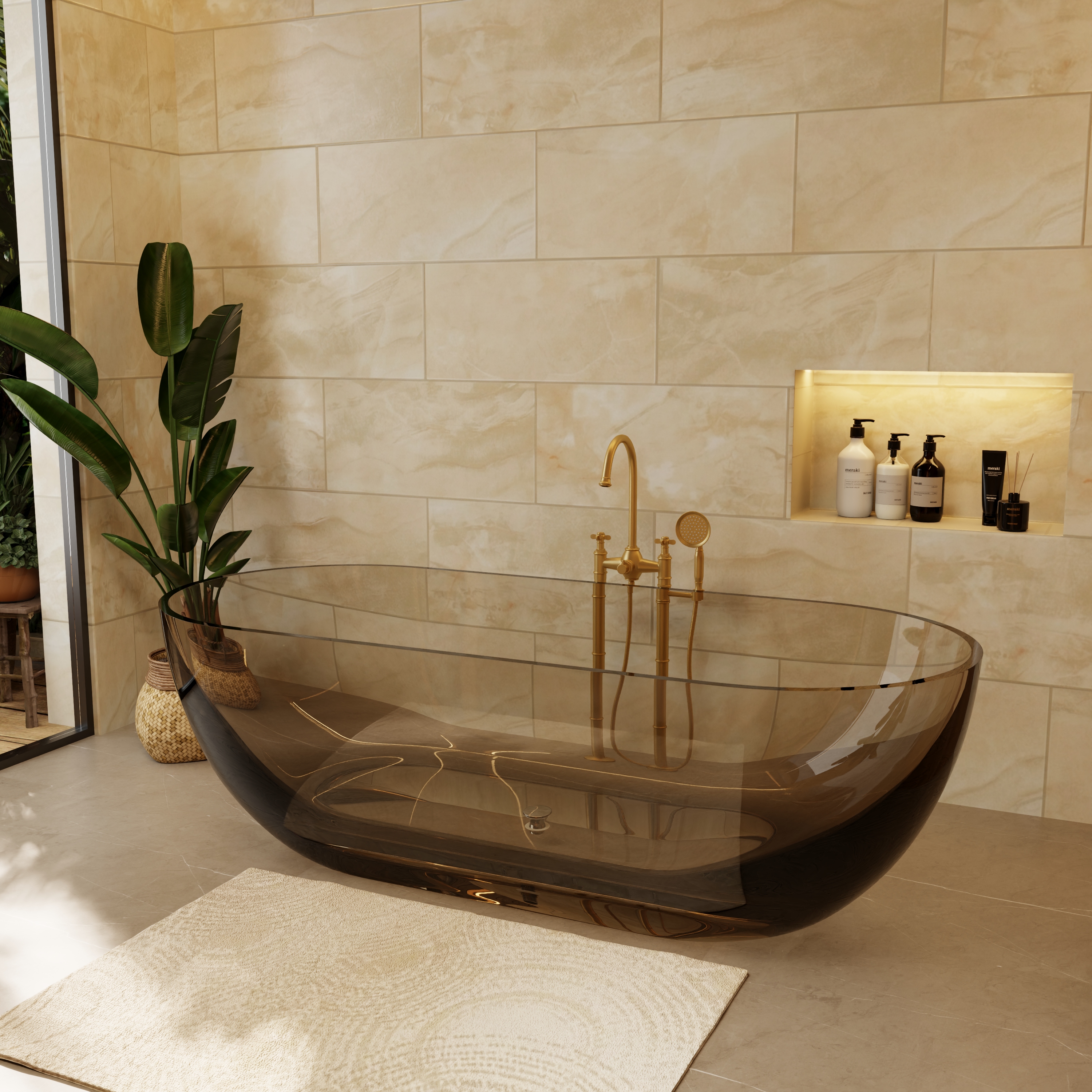 69" Coffee Pure Resin Freestanding Bathtub with Ergonomic Soaking Comfort