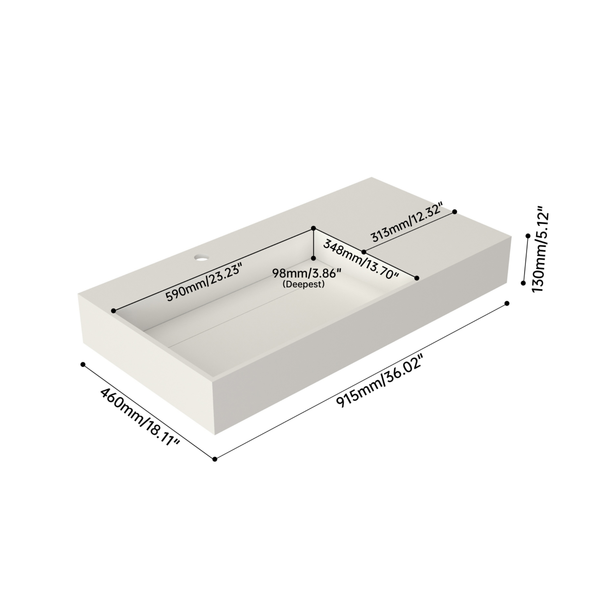 36 in. Wall-Mounted Solid Surface Bathroom Sink with Single Faucet Hole