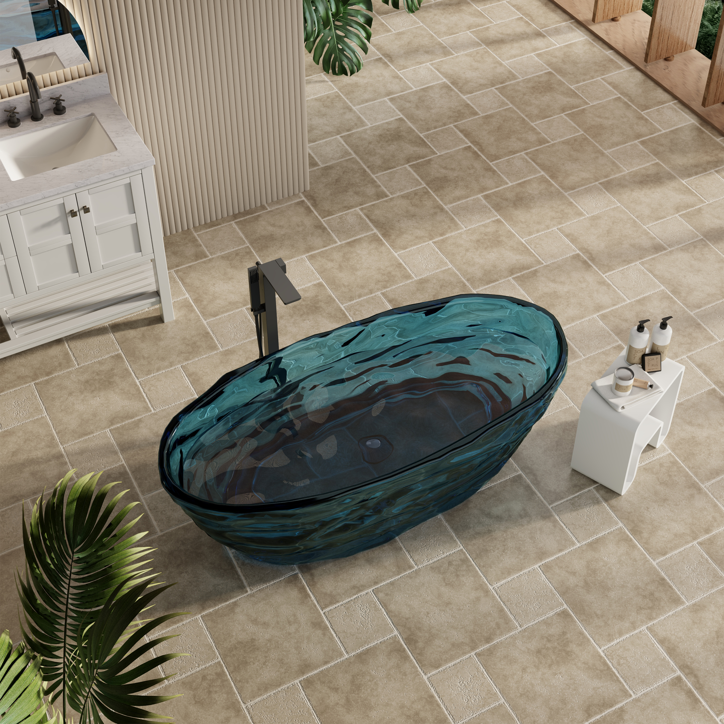 67" Contemporary Pure Resin Freestanding Soaking Bathtub with Wave Texture