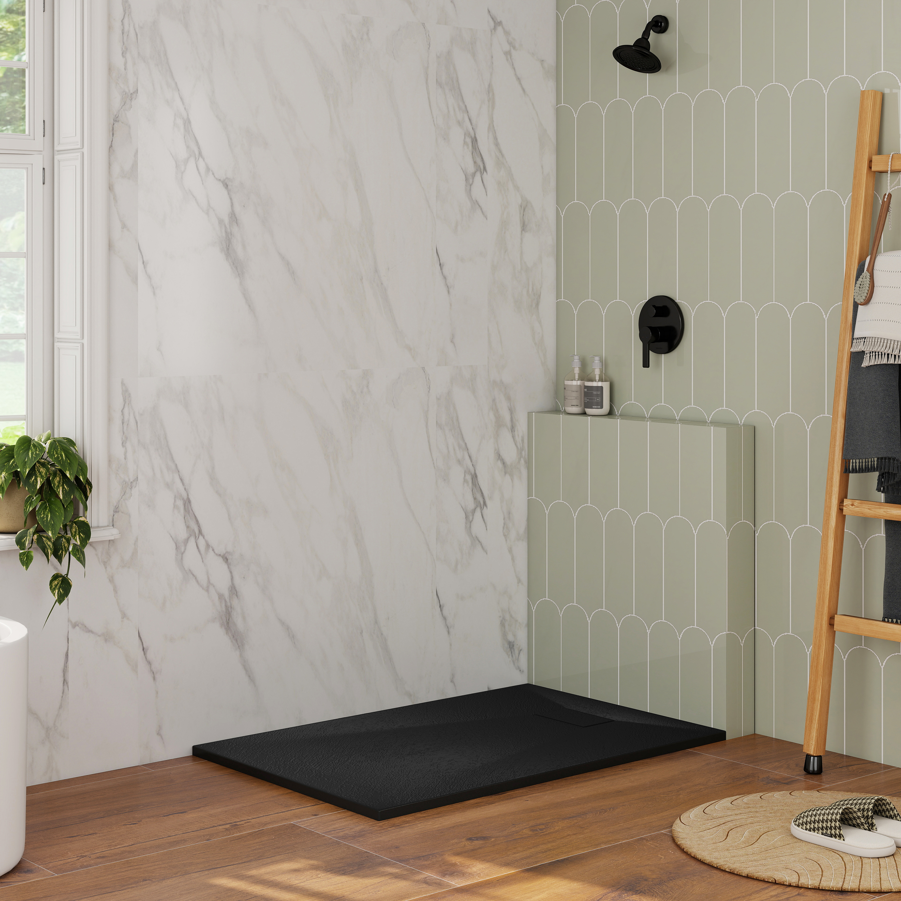 European-Style SMC Shower Base with Sleek Marble Texture in Black & White