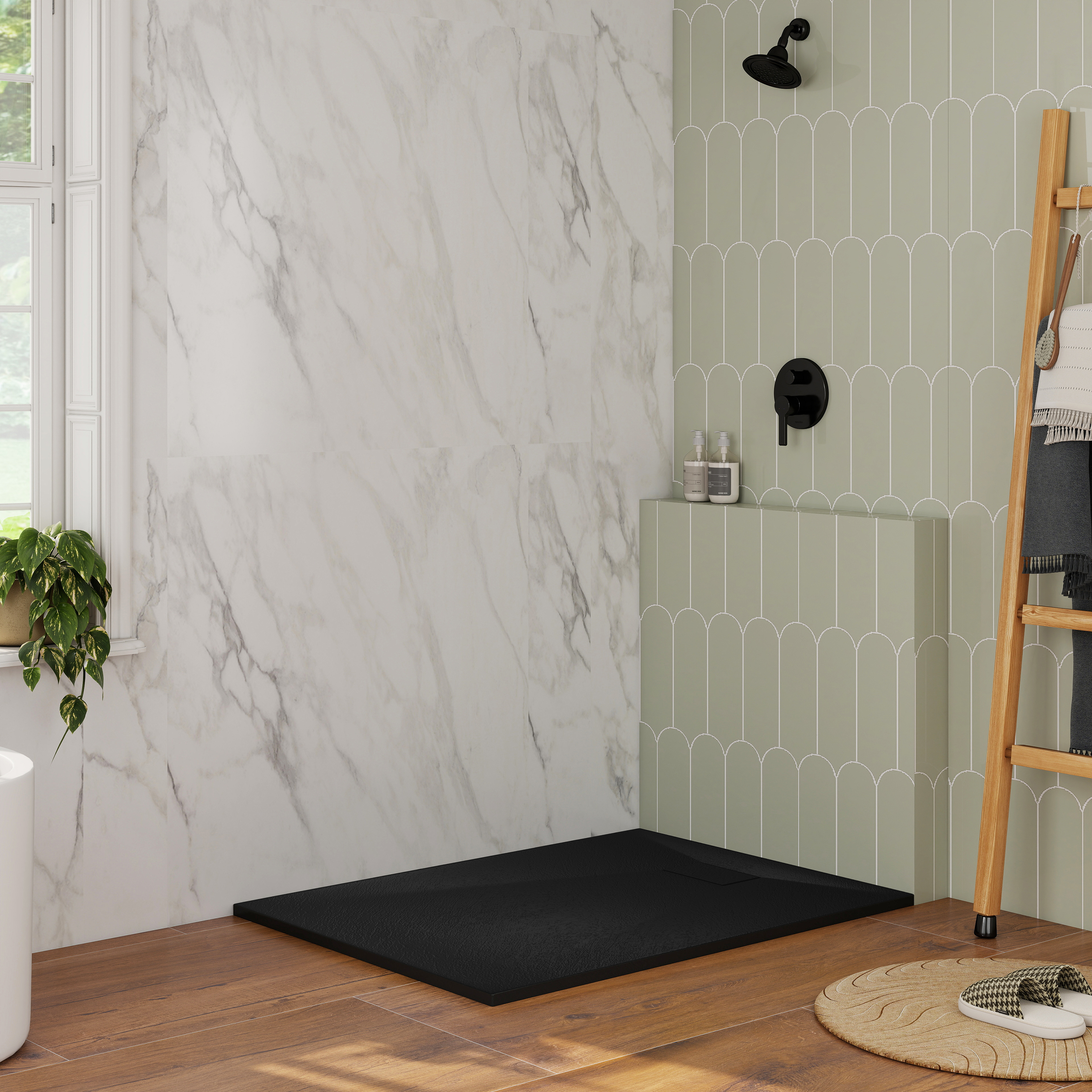 European-Style SMC Shower Base with Sleek Marble Texture in Black & White