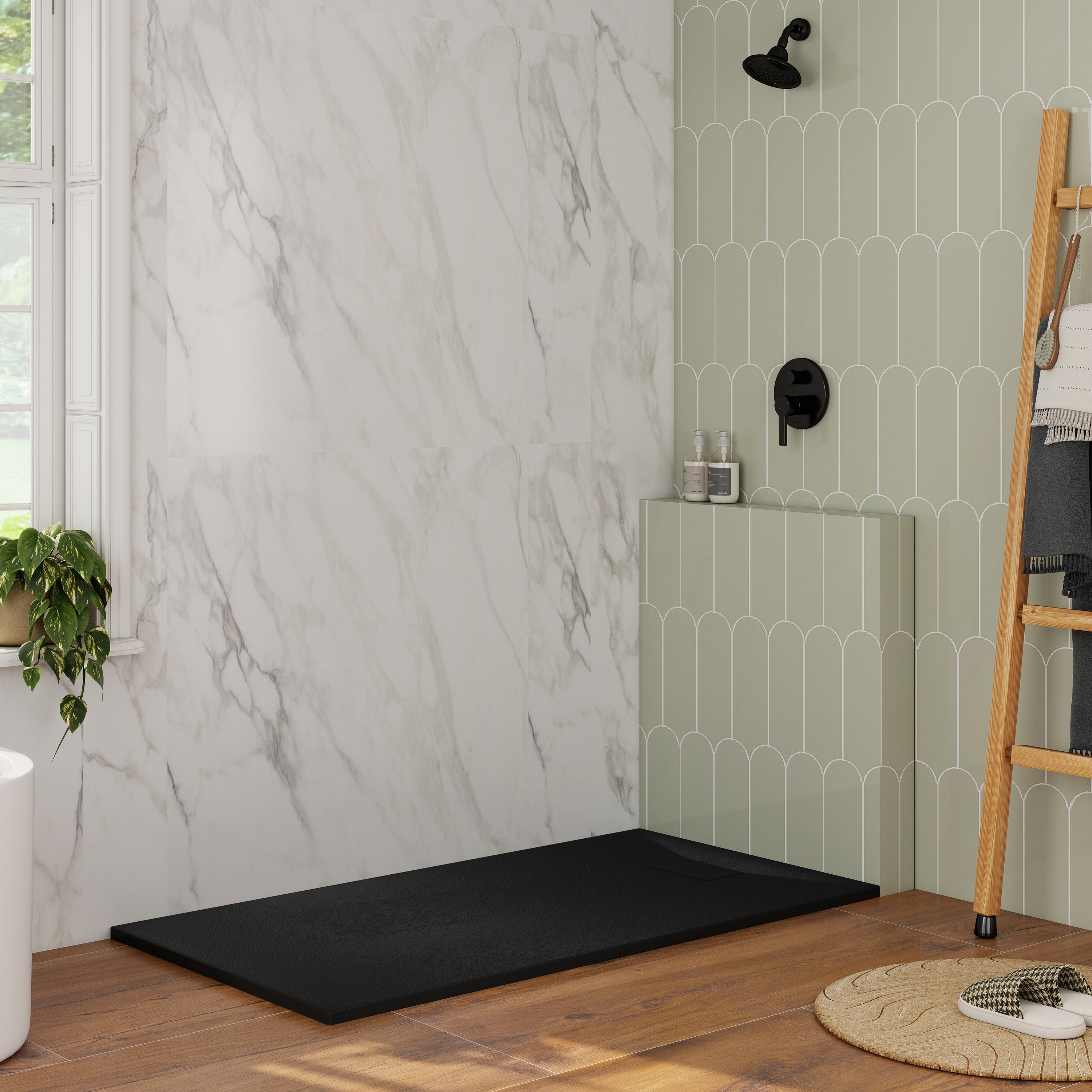 European-Style SMC Shower Base with Sleek Marble Texture in Black & White