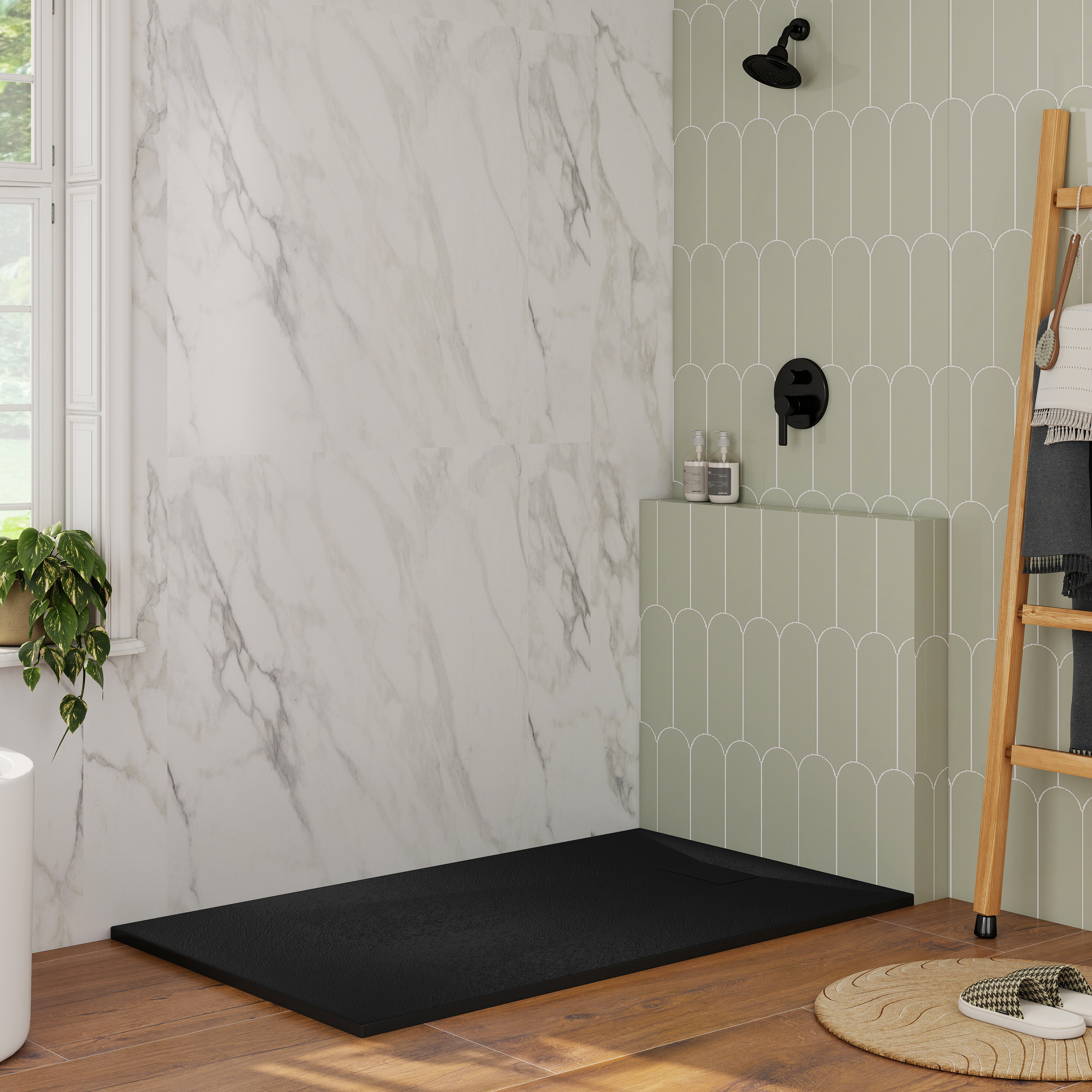 European-Style SMC Shower Base with Sleek Marble Texture in Black & White