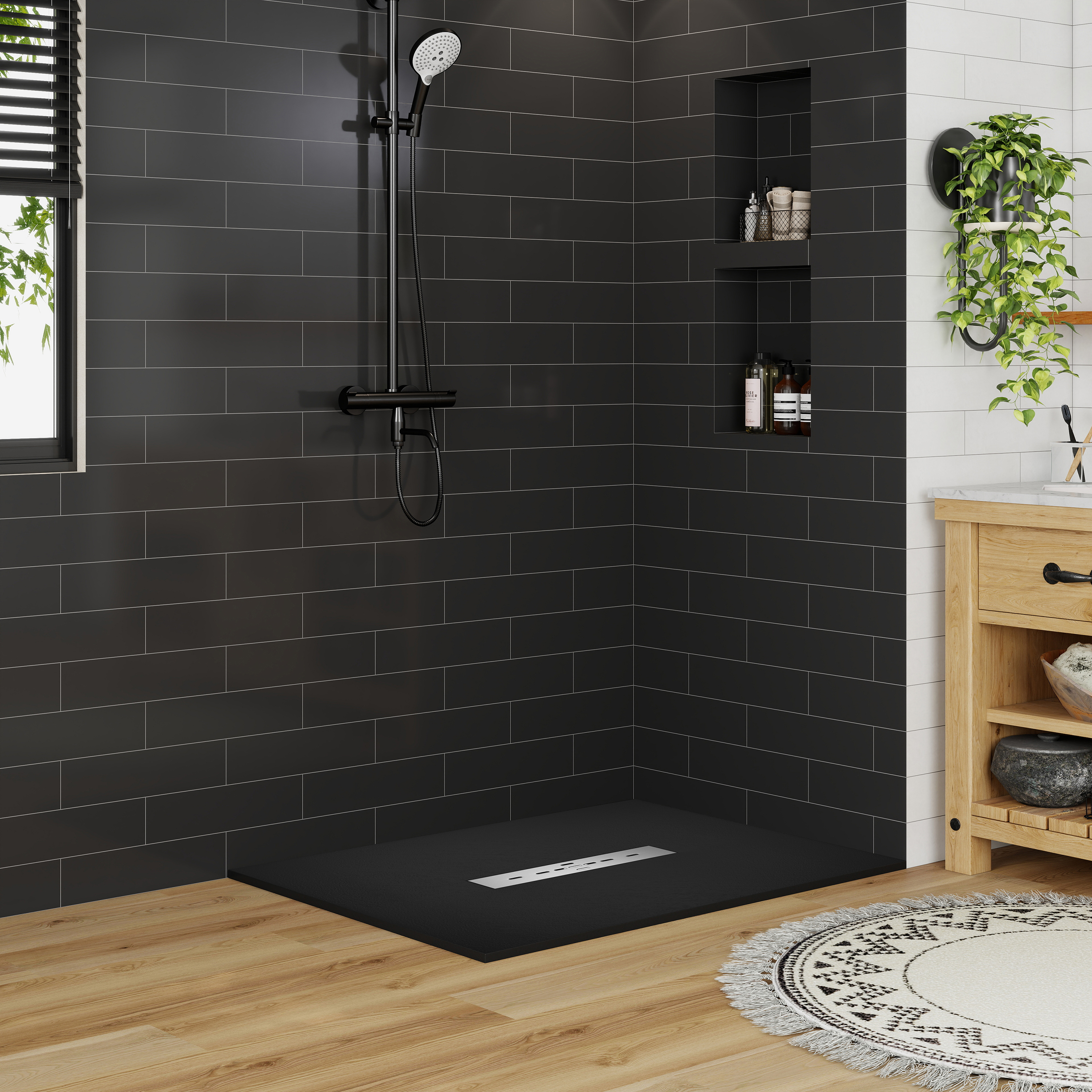 Durable SMC Composite Shower Base Pan with Center Drain in Black & White