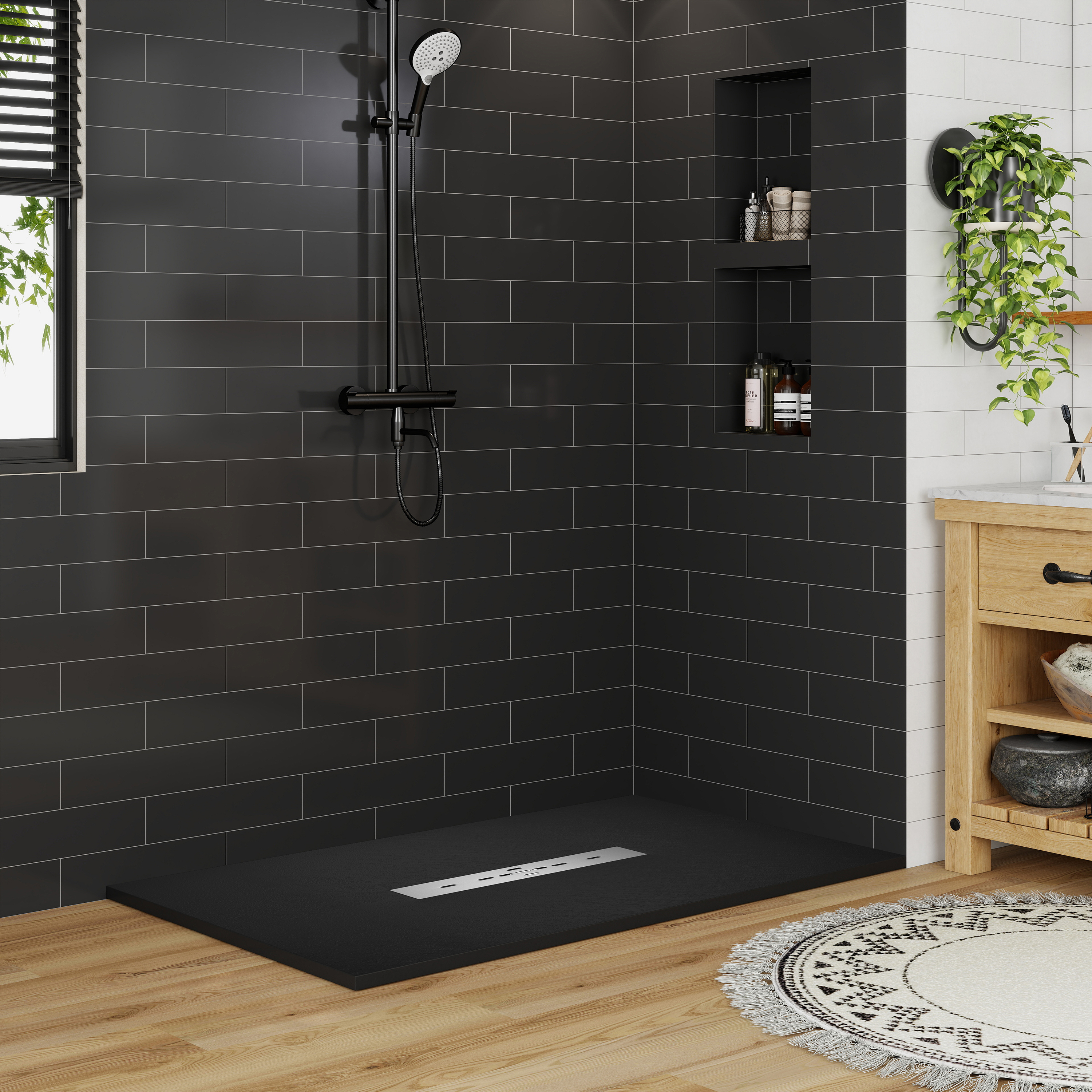 Durable SMC Composite Shower Base Pan with Center Drain in Black & White