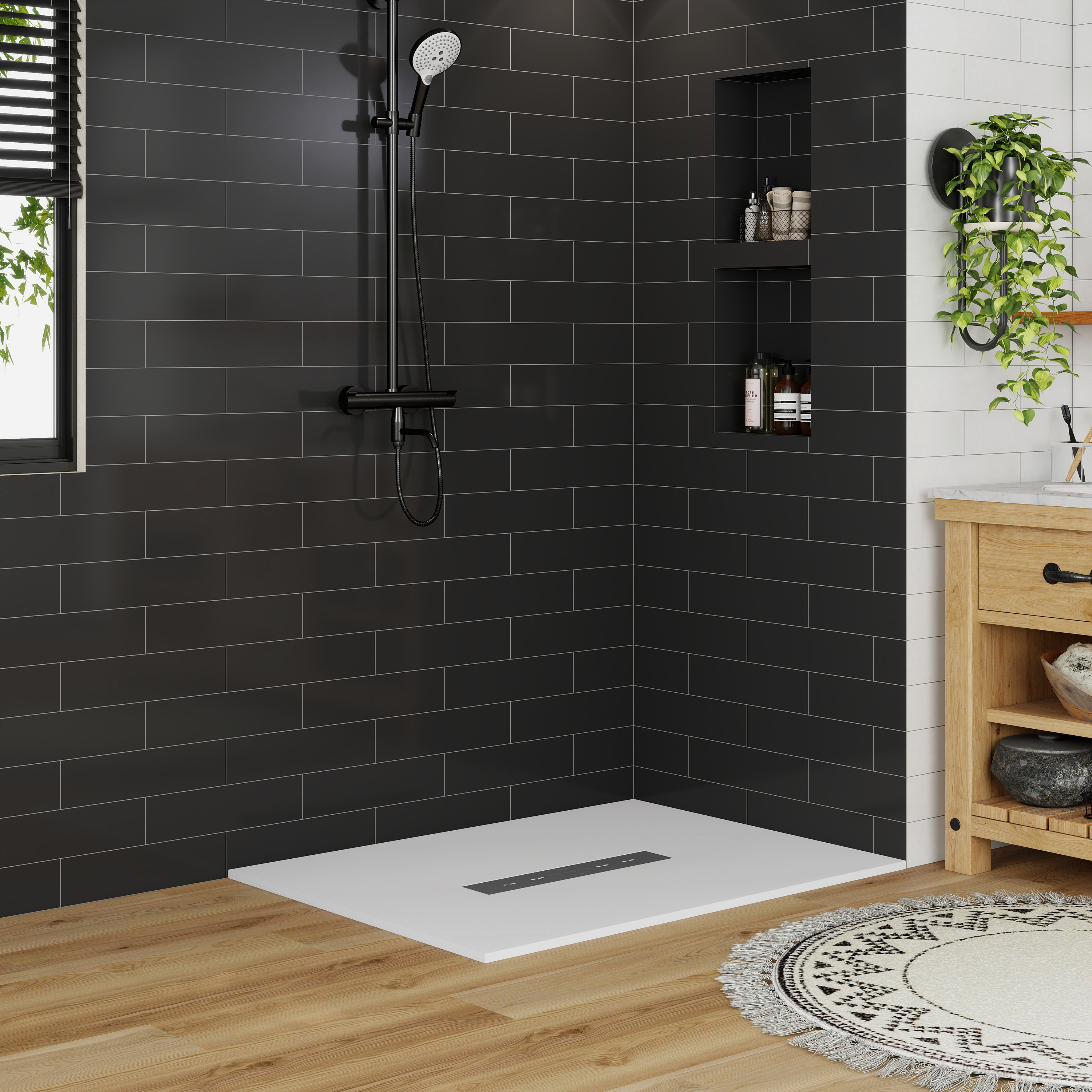 Durable SMC Composite Shower Base Pan with Center Drain in Black & White