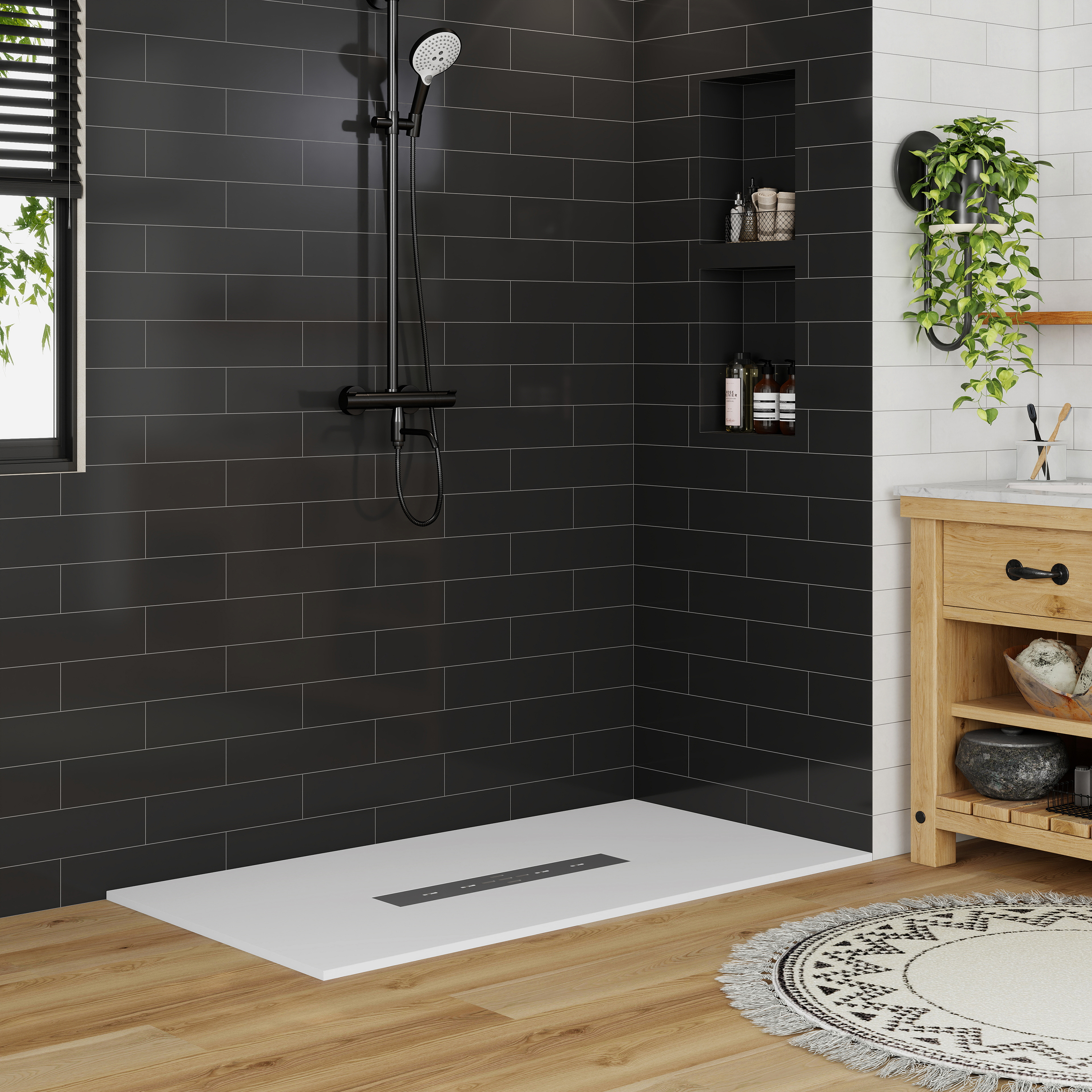 Durable SMC Composite Shower Base Pan with Center Drain in Black & White