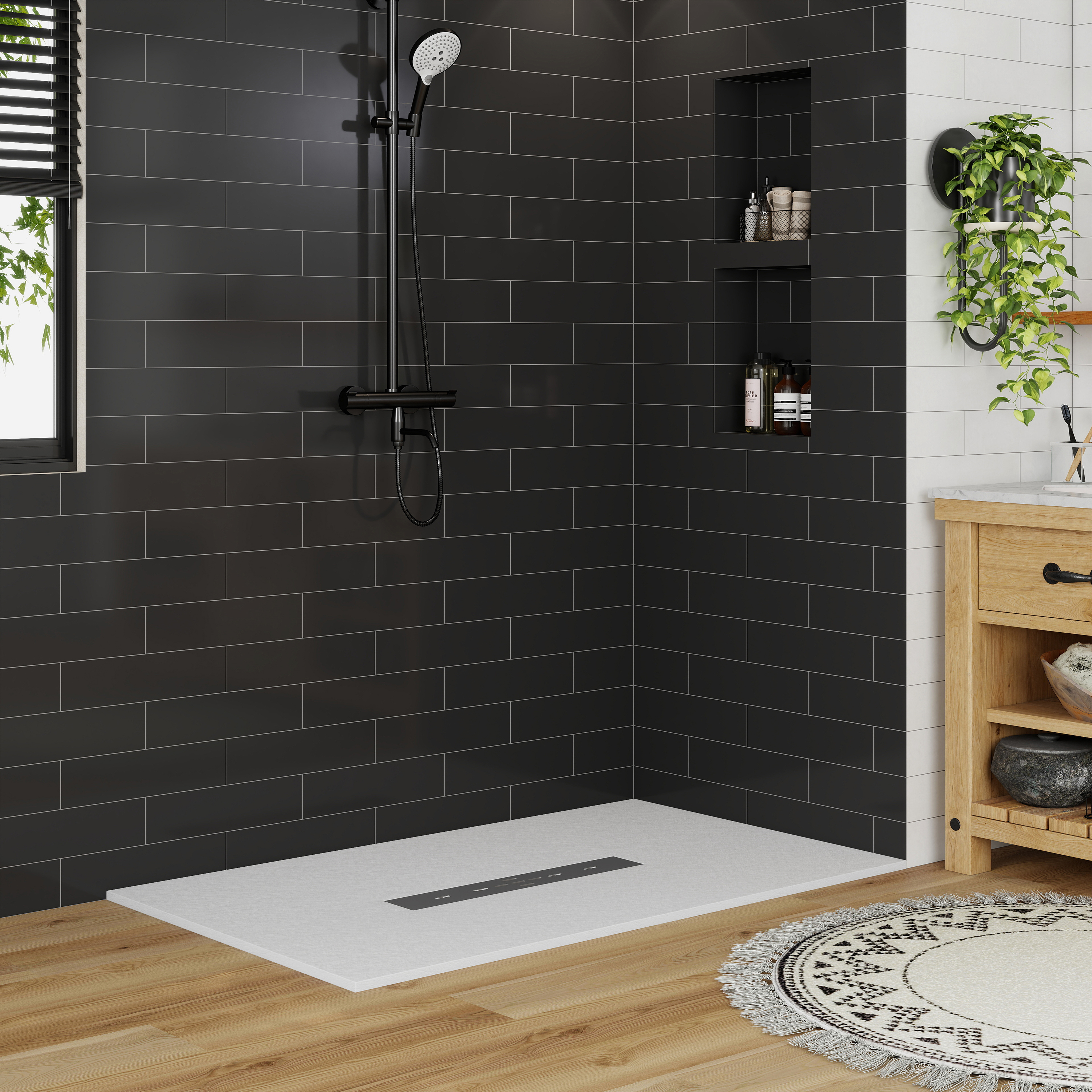 Durable SMC Composite Shower Base Pan with Center Drain in Black & White