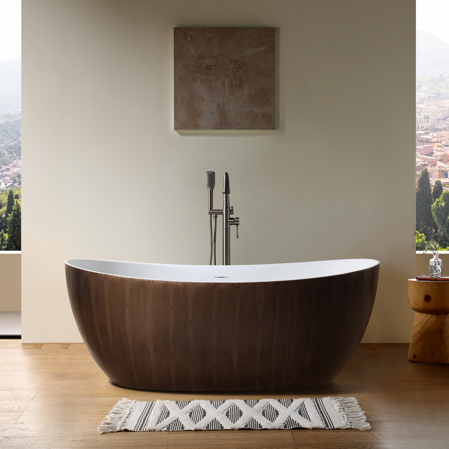 67" Crescent Solid Surface Freestanding Bathtub with Wood Grain Exterior & Ergonomic Backrest