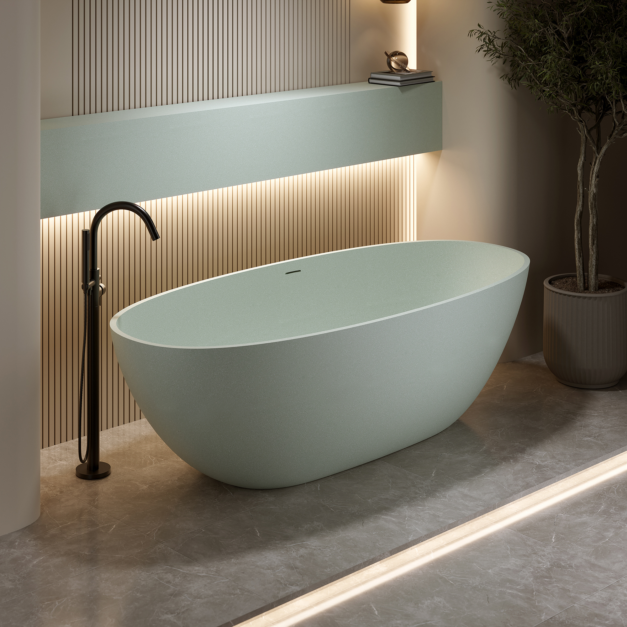 55" Freestanding Bathtub Resin Stone Soaking Bathtub Solid Surface Modern Tubs with Overflow and Pop-up Drain 