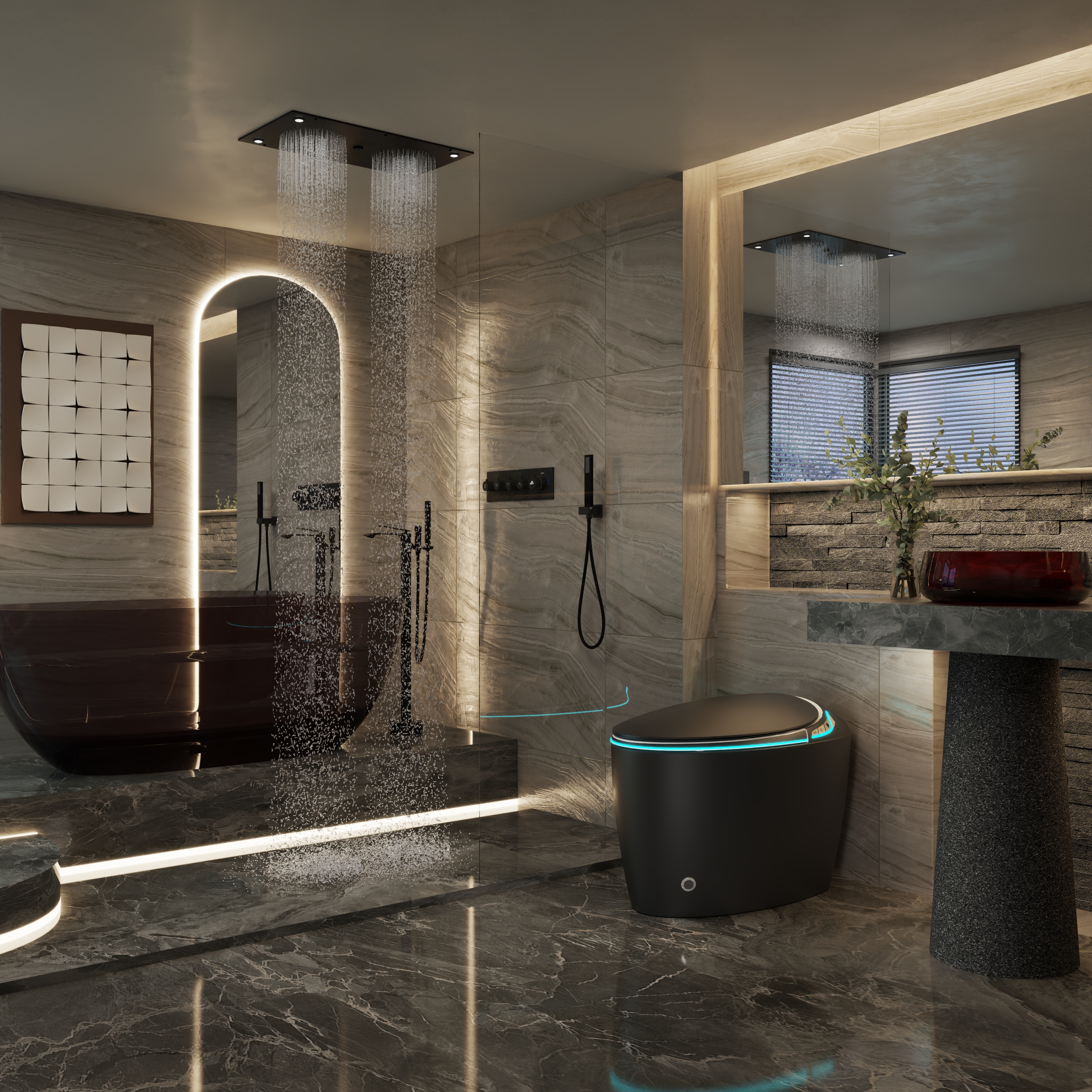 Egg-Shaped Smart Toilet with Automatic Lid, Heated Seat & Bidet Wash, Black & Pink