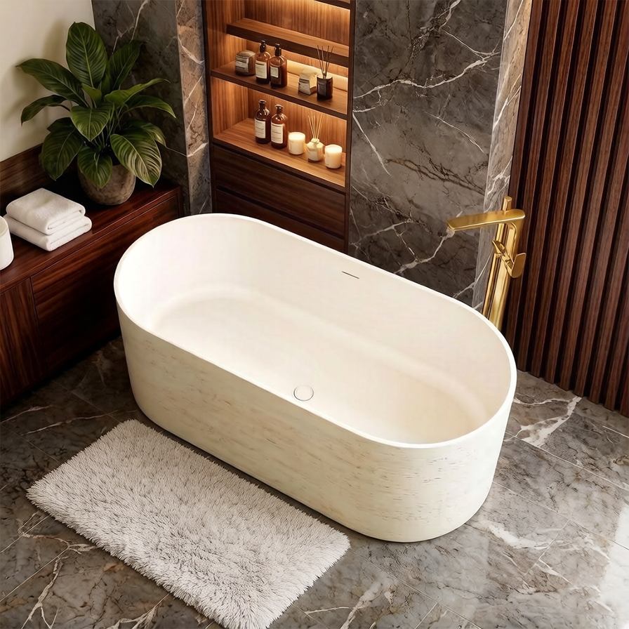 63" Travertine-Inspired Solid Surface Freestanding Bathtub with Handcrafted Texture