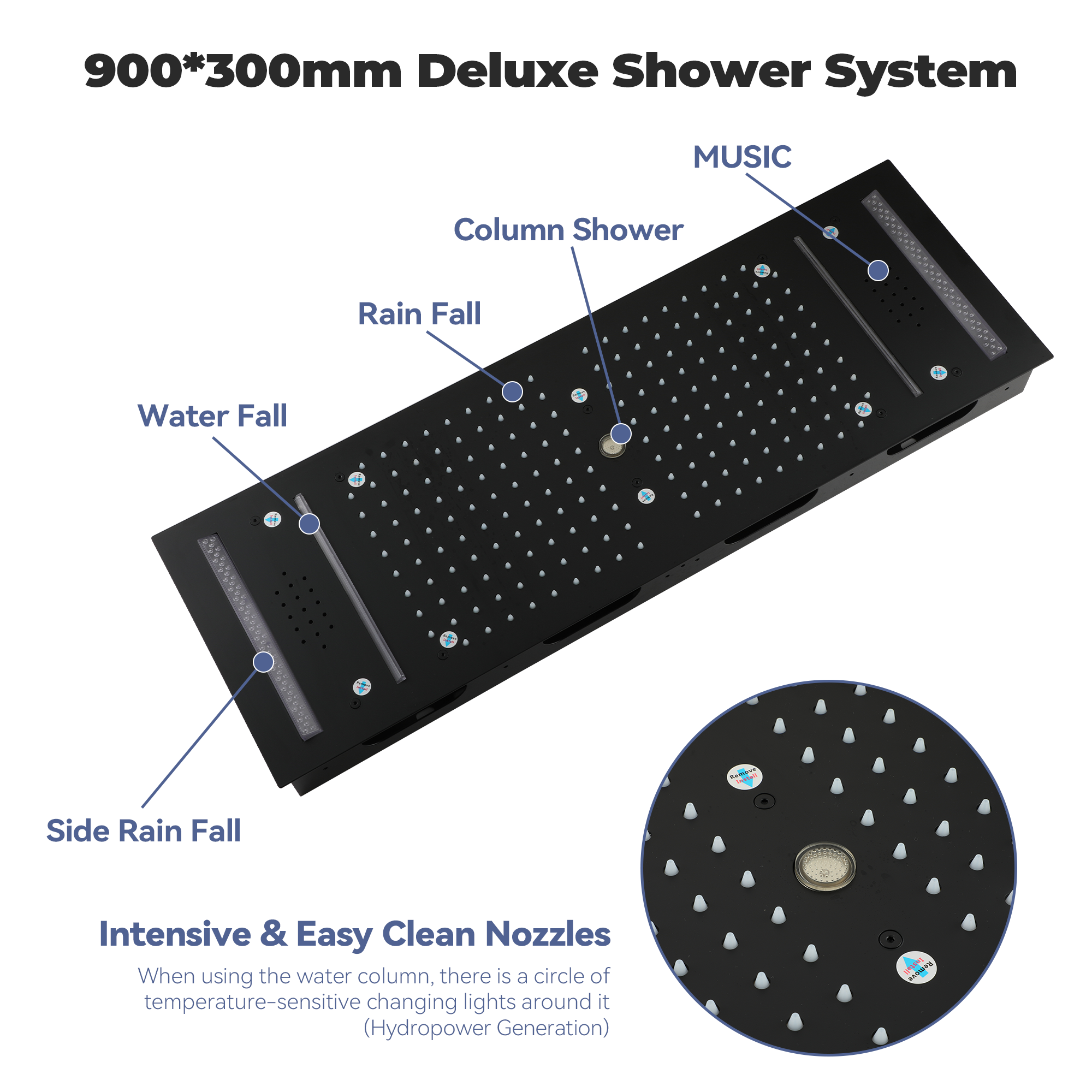 35*12 inch 6-Function Thermostatic Shower System with Digital Touch Screen & LED Lights