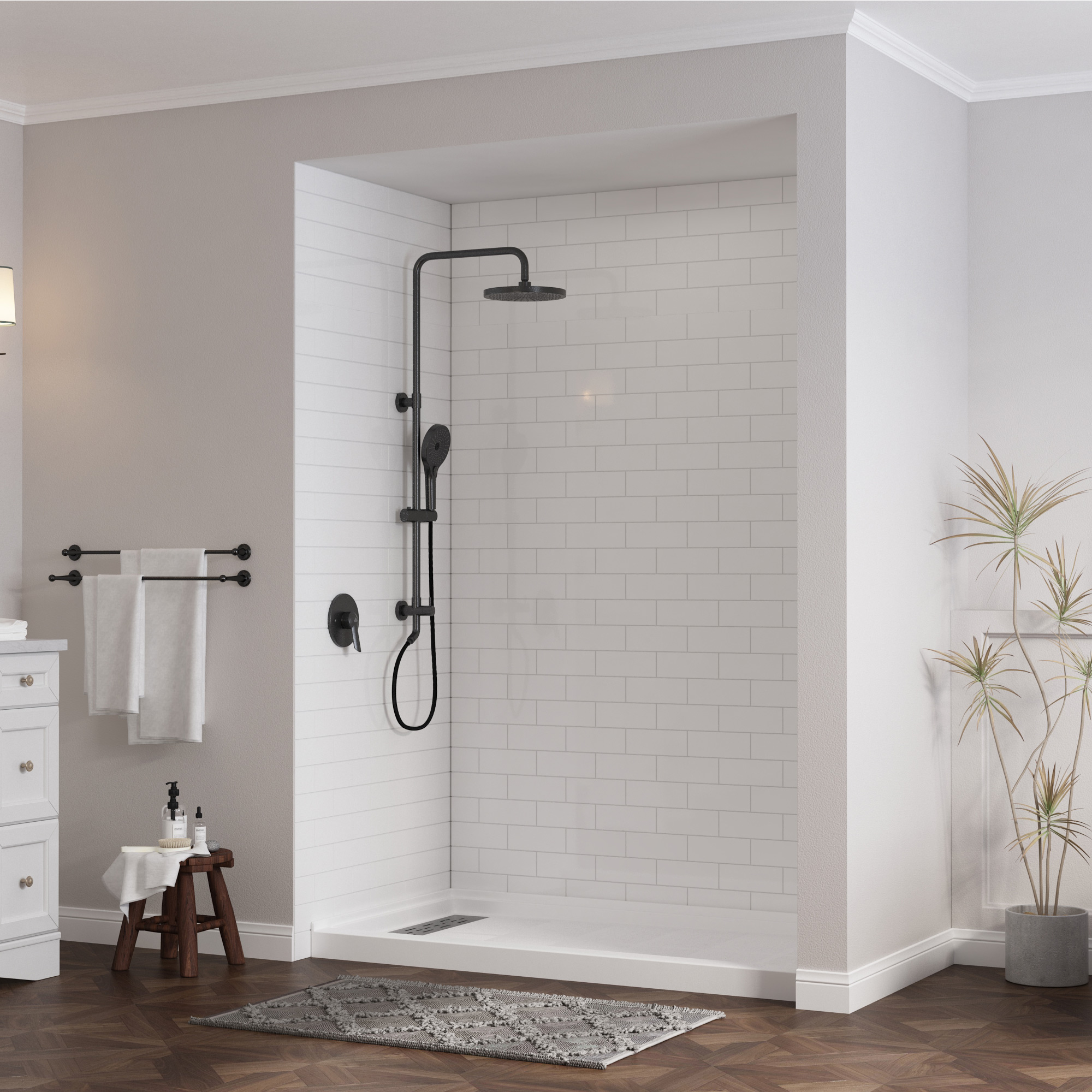 60"x32" White Solid Surface Single Threshold Alcove Shower Pan Base