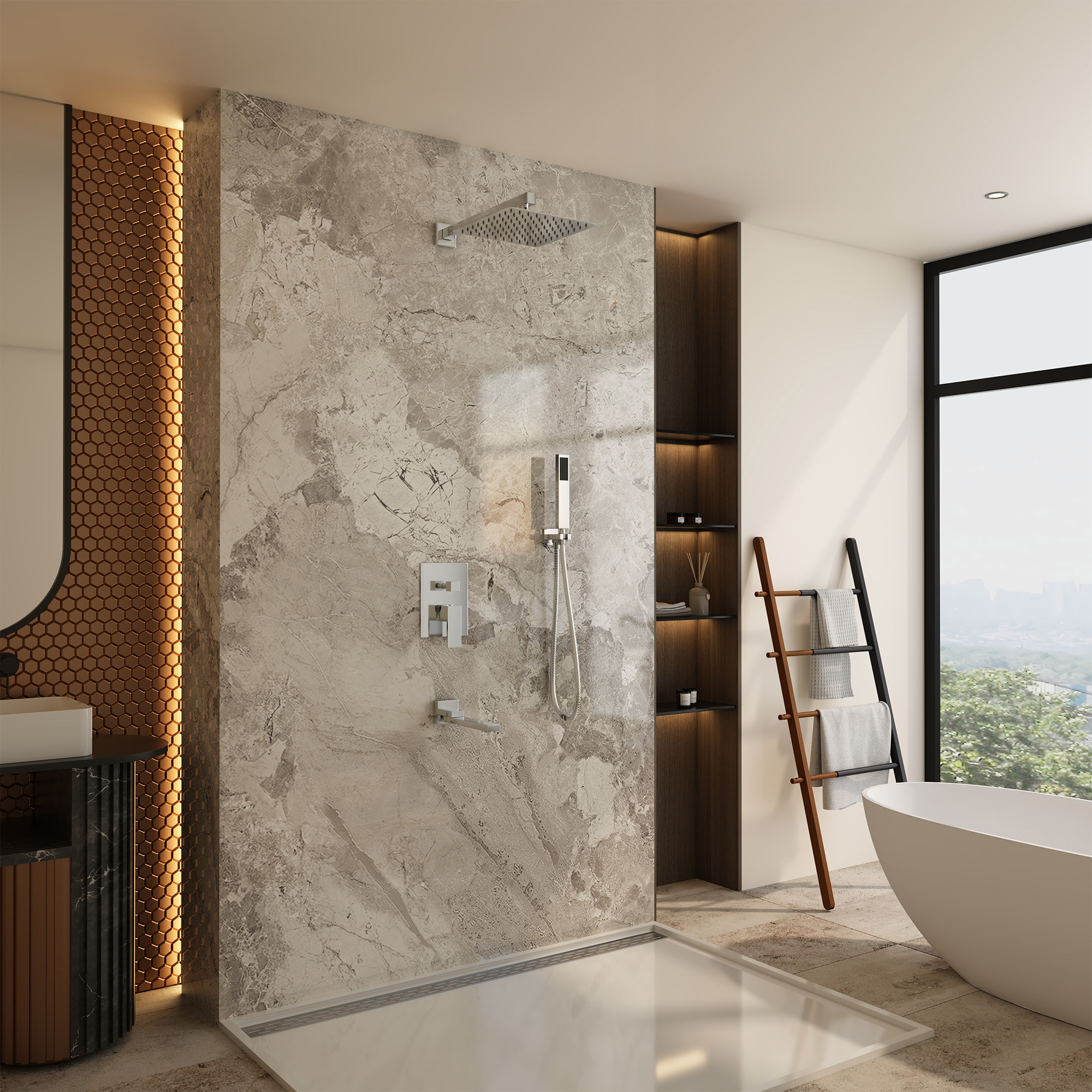 10" Wall Mounted Dual Shower Head Rain Shower System with Tub Spout