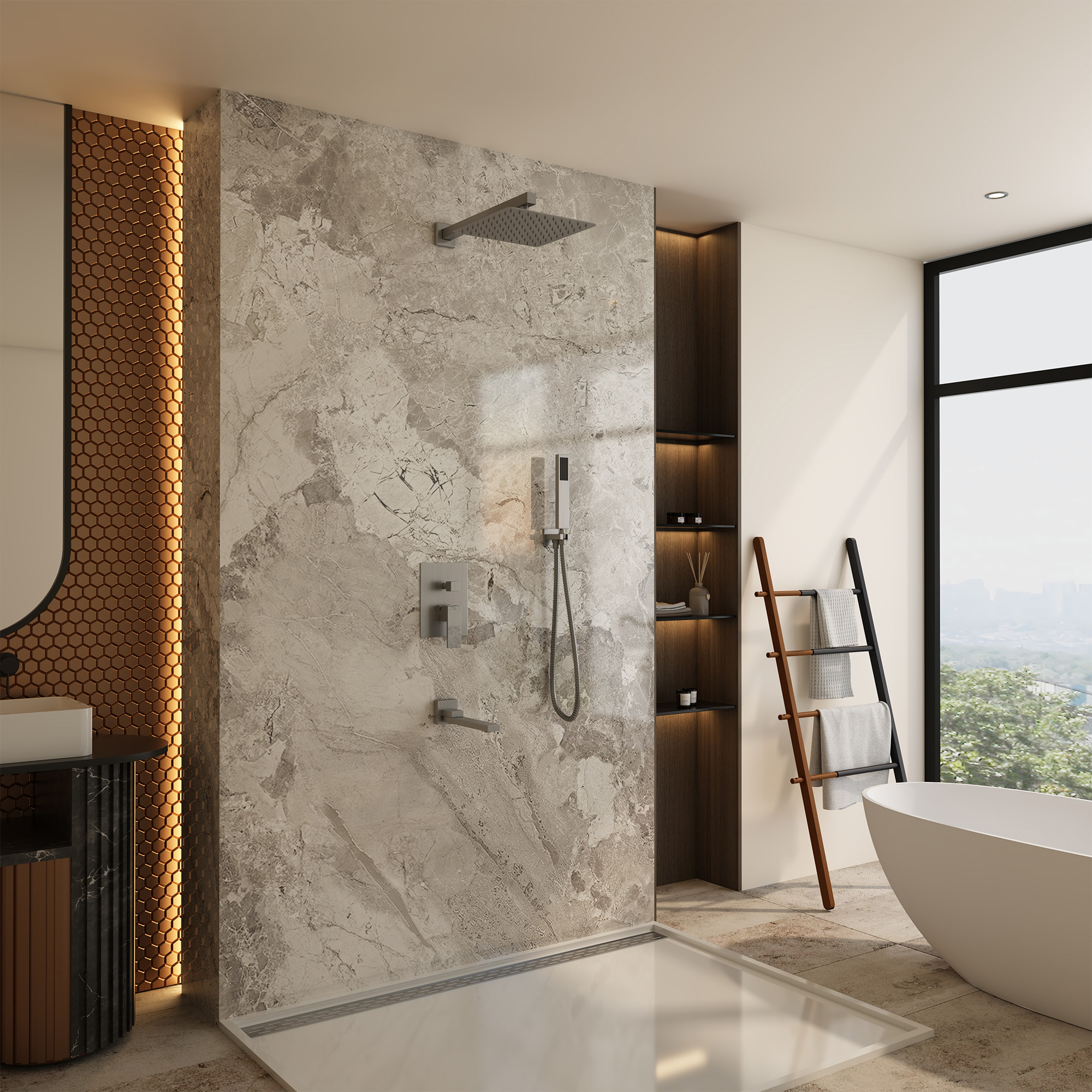 10" Wall Mounted Dual Shower Head Rain Shower System with Tub Spout