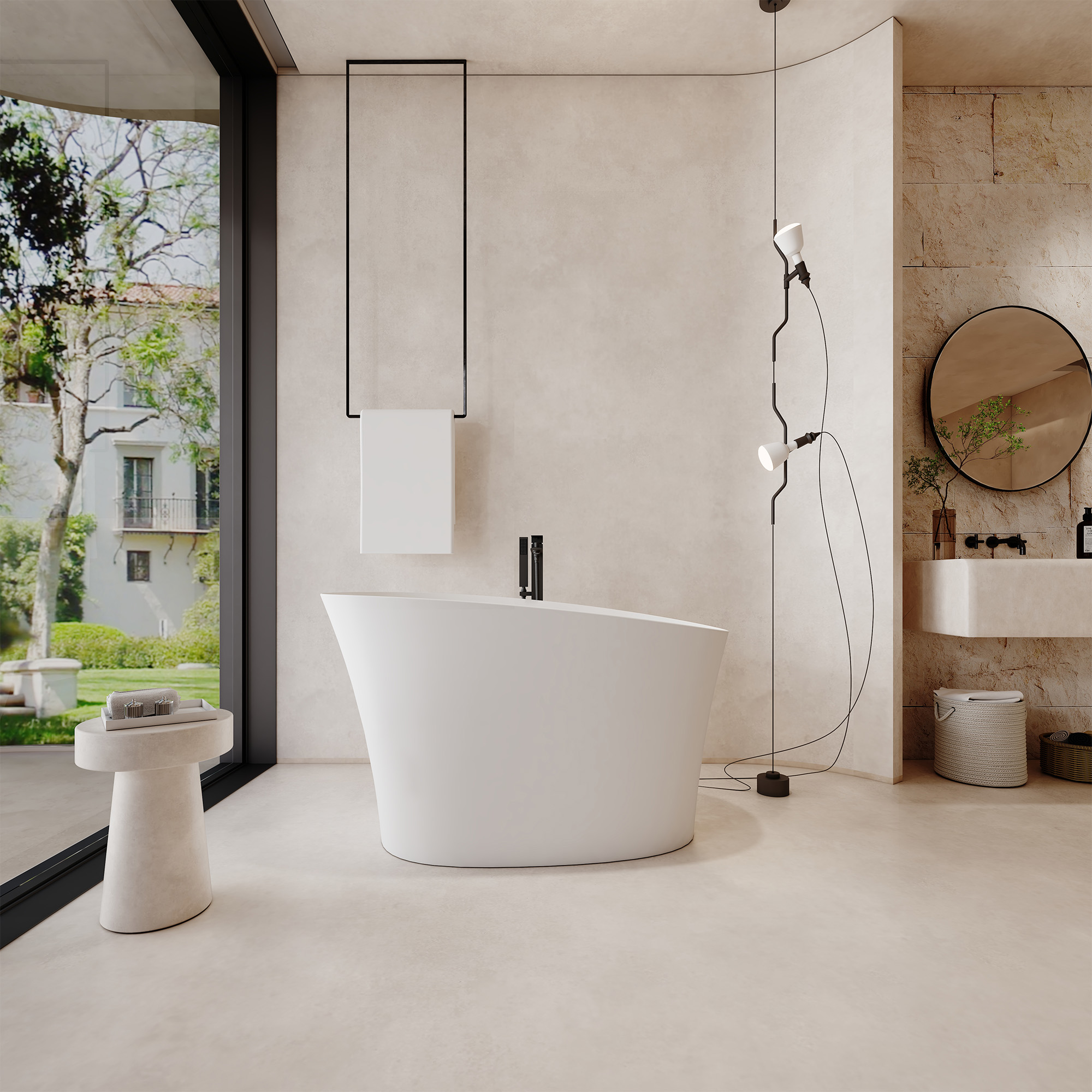 51" Solid Surface Freestanding Bathtub with Raised Edge and Built-in Mini Seat