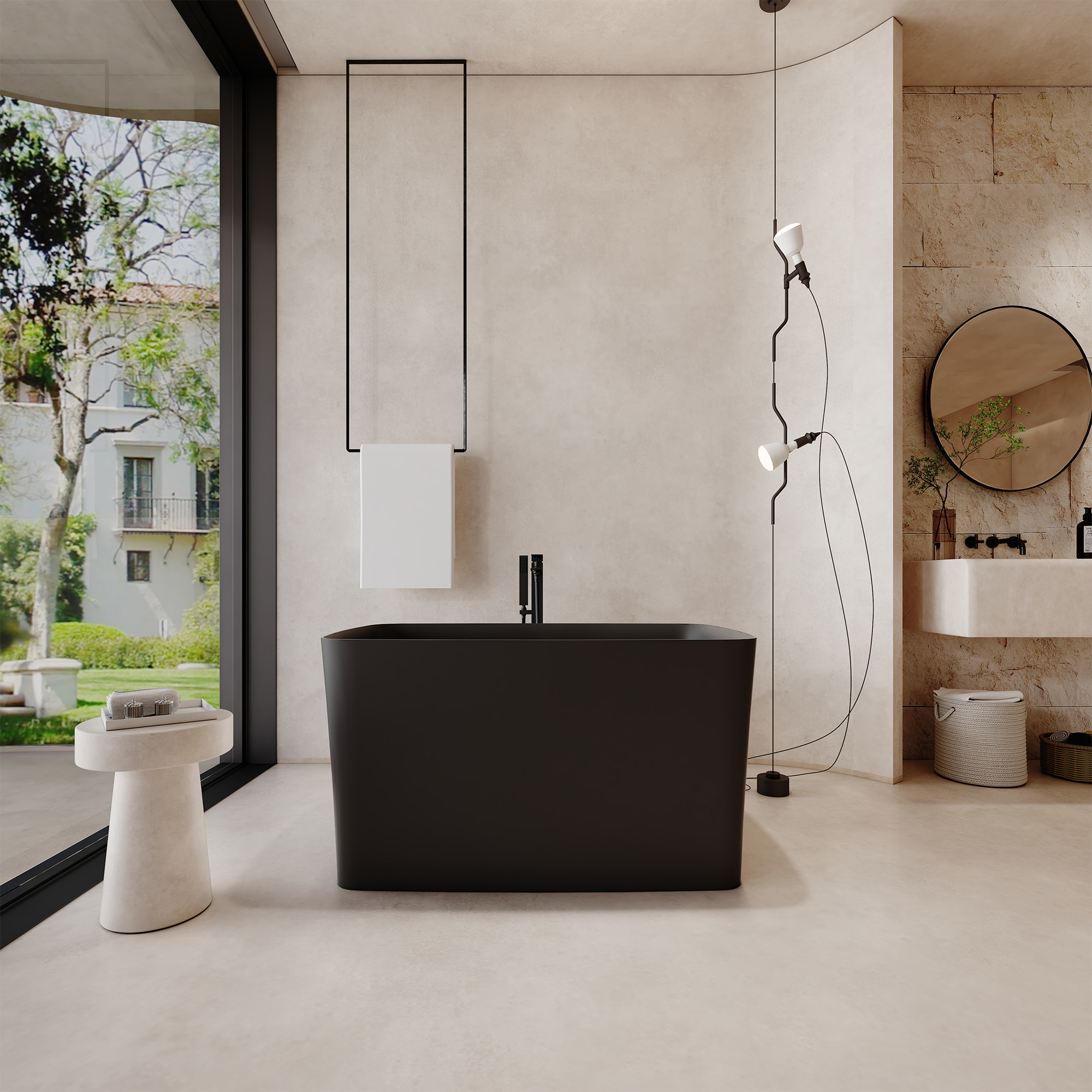 47" Compact Solid Surface Freestanding Bathtub with Mini-Seat Design