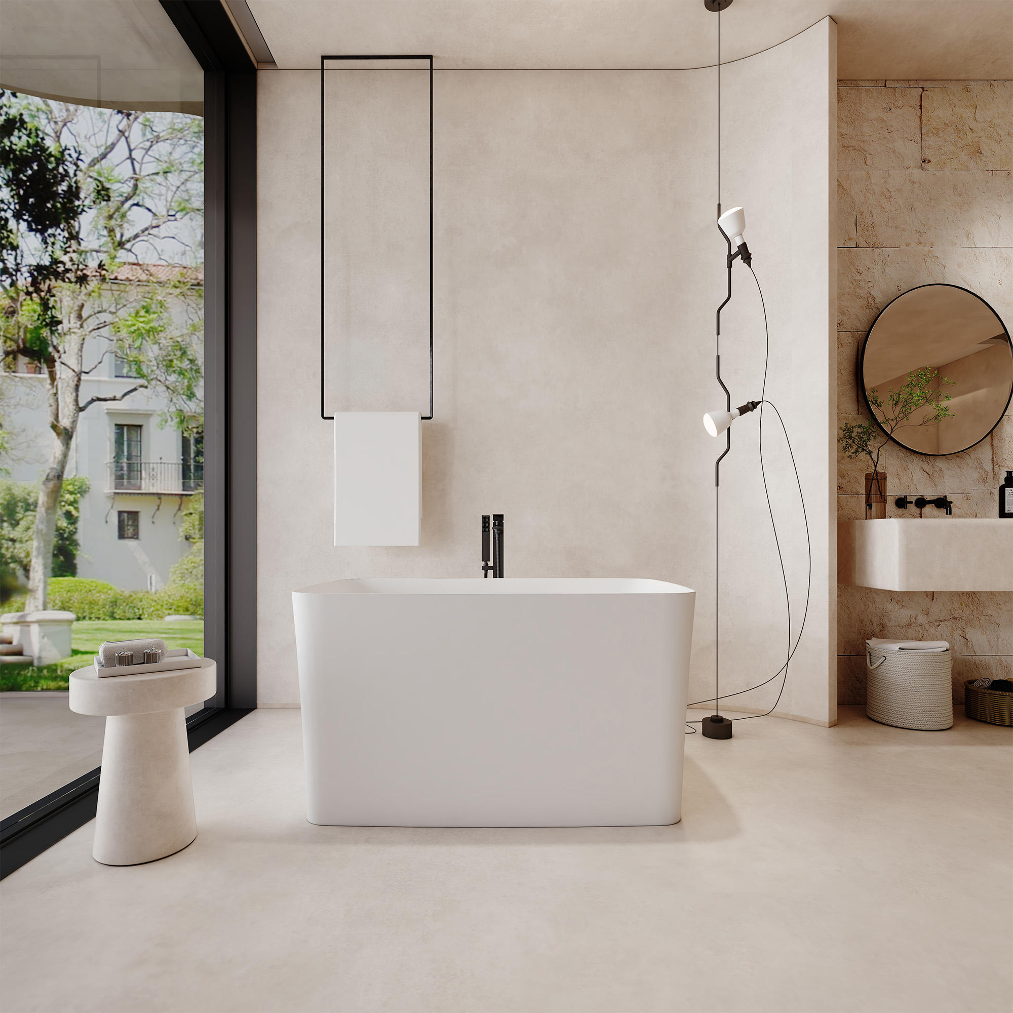 47" Compact Solid Surface Freestanding Bathtub with Mini-Seat Design